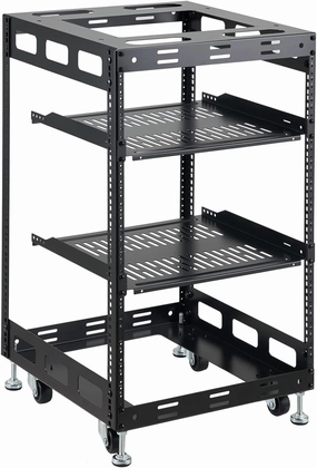 15U Open Frame Rack for Servers & AV Gear - Wall Mountable Design Includes 2X Vented Shelves, 4X Leveling Feet, 4X Casters audio rack,hi-fi component stand,media shelf,