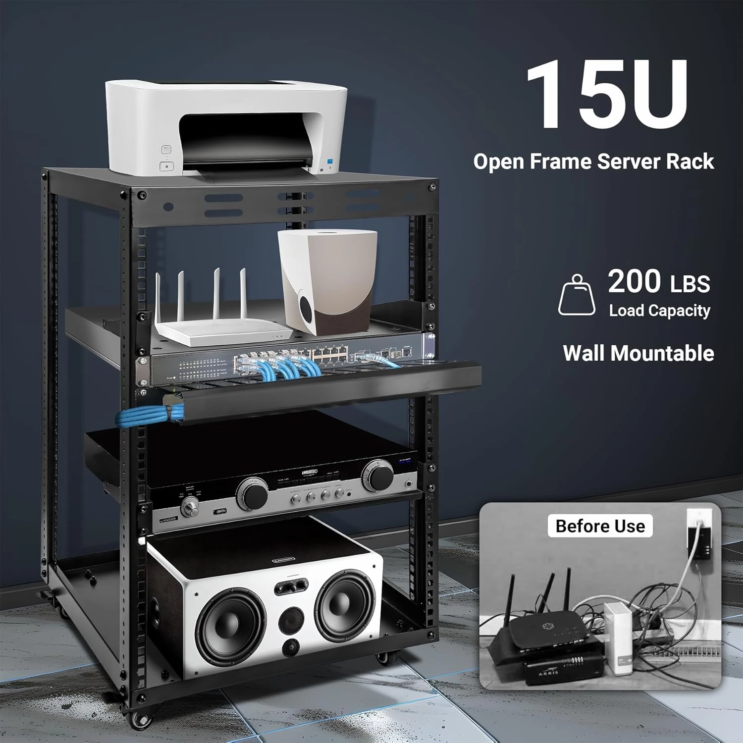 15U Open Frame Server Rack, Wall-mountable IT Rack w/Swivel Casters, 2 Rack Shelves, Top & Bottom Panels, Network Rack for Stereo/Computer/Data/IT/AV Equipment, 19.6L x 18.7W x 30.5H