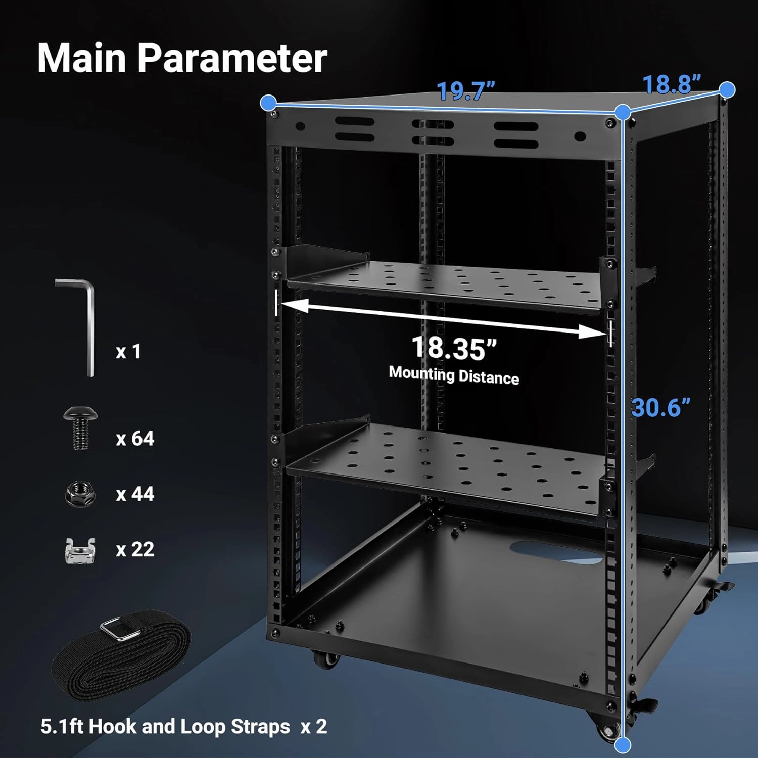 15U Open Frame Server Rack, Wall-mountable IT Rack w/Swivel Casters, 2 Rack Shelves, Top & Bottom Panels, Network Rack for Stereo/Computer/Data/IT/AV Equipment, 19.6L x 18.7W x 30.5H