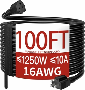 16/3 100 Ft Outdoor Extension Cord Waterproof, Weatherproof & Flame Retardant Black 3 Prong Power Cord Outside for Lawn & Garden, 10 Amps 1250 Watts 125 VAC 16AWG SJTW, ETL Listed power cord,hi-fi power cable,AC power lead,