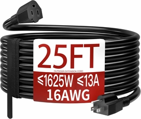 16/3 25 FT Outdoor Extension Cord Waterproof, Weatherproof & Flame Retardant Black 3 Prong Power Cord Outside for Lawn & Garden, 13 Amps 1625 Watts 125 VAC 16AWG SJTW, ETL Listed power cord,hi-fi power cable,AC power lead,
