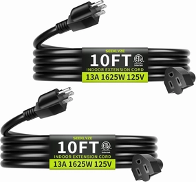 16/3 Black Extension Cord 10 FT (2Pack), Indoor Extension Cord for Laptops, Coffee Makers, Office Home Appliances, 3 Prong Resistant Cable Flexible, 13A 125V 1625W ETL Listed power cord,hi-fi power cable,AC power lead,