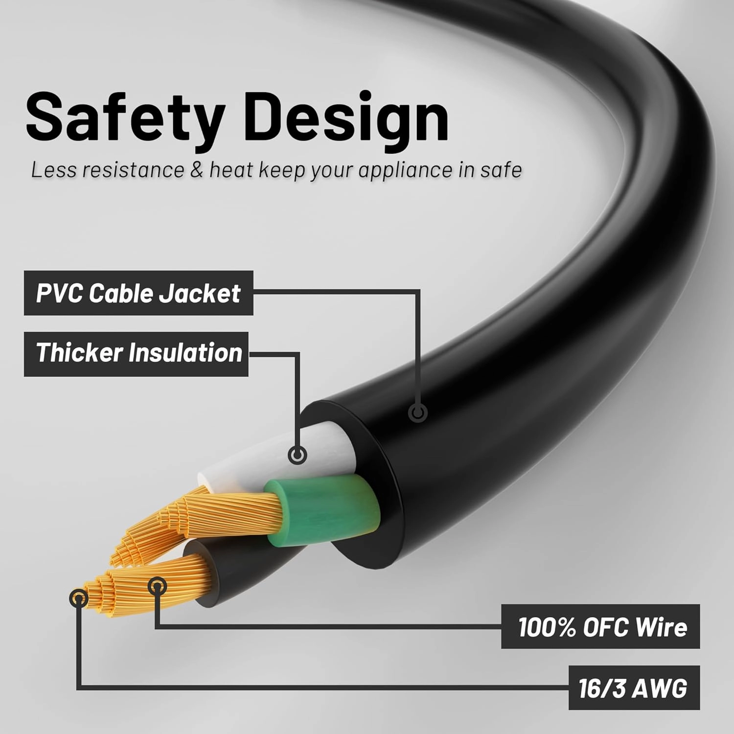 16/3 Black Indoor Outdoor Extension Cord 10 Ft Waterproof, Heavy Duty Extension Cord with 3 Prong Grounded Plug,13A 1625W 16AWG SJTW, Flexible Weatherproof Power Cable for Offices, Gardens and Lawns