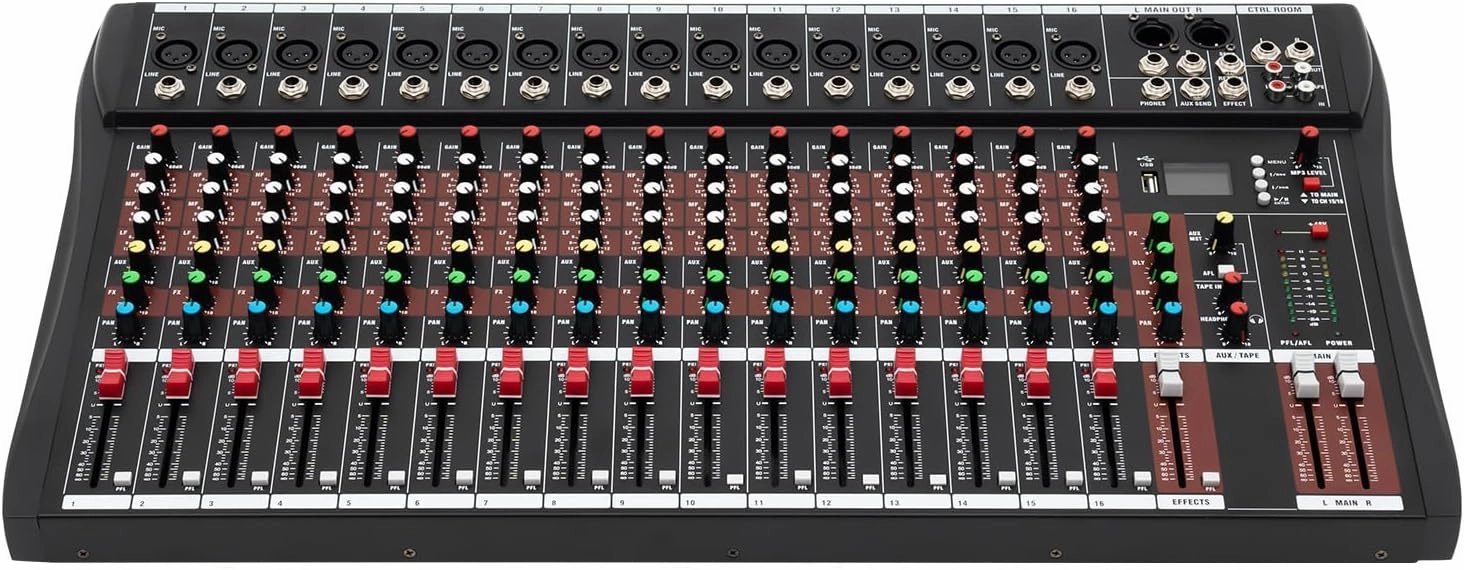 16 Channel DJ Audio Mixer, Professional Audio Sound Mixer Console, Sound Board Mixer with Bluetooth, USB, Reverb Digtal Mic, Input 48V Phantom for Streaming, Podcasting, Gaming mixer console,audio mixing desk,DJ console,