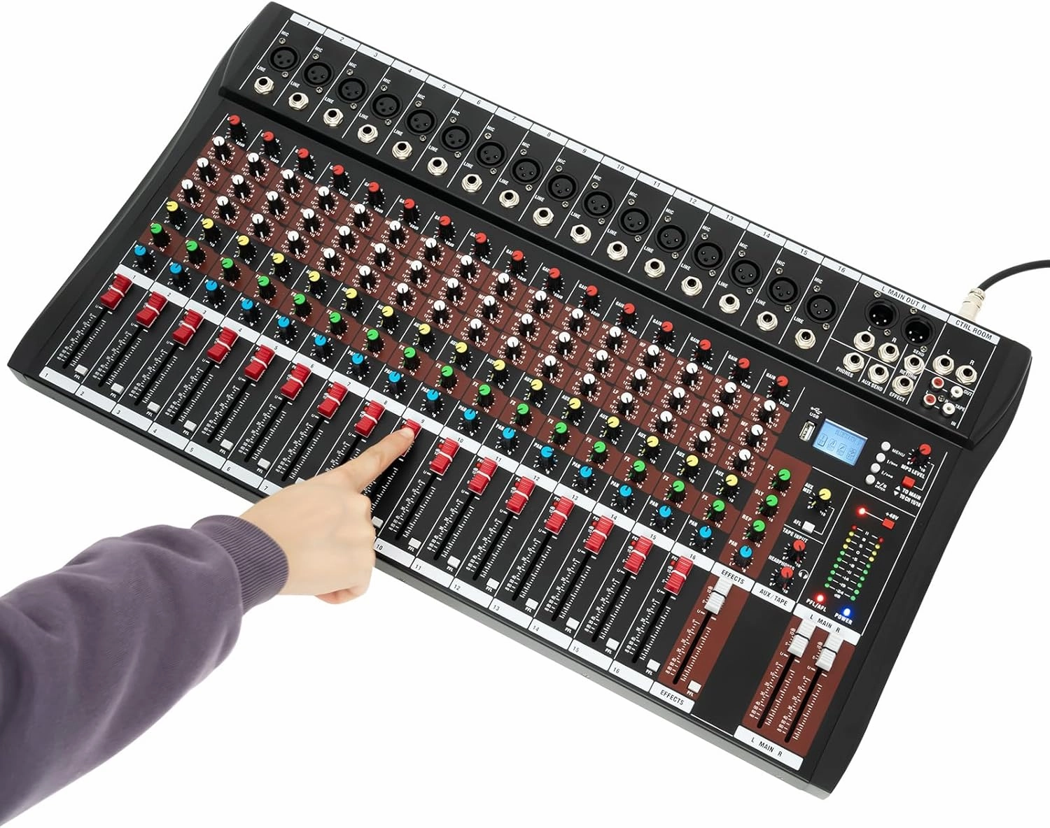 16 Channel Mixer Board Digital Mixing Console with 6 Music Modes, USB Mixer Console Ultra Low Noise Stage Powered Mixers Sound Board Console, Support to Conect with Wired/Wireless/Capacitor Microphone