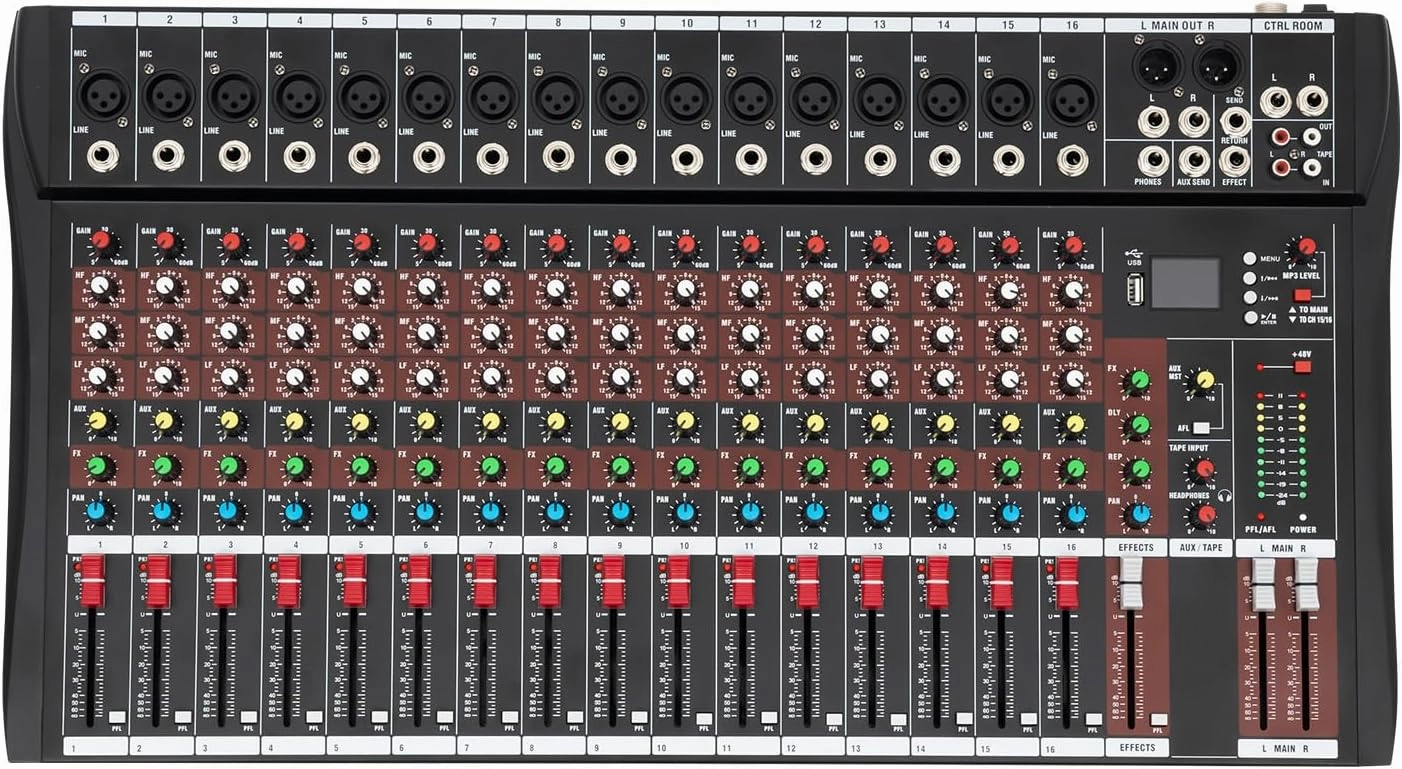 16 Channel Mixer Board Digital Mixing Console with 6 Music Modes, USB Mixer Console Ultra Low Noise Stage Powered Mixers Sound Board Console, Support to Conect with Wired/Wireless/Capacitor Microphone mixer console,audio mixing desk,DJ console,