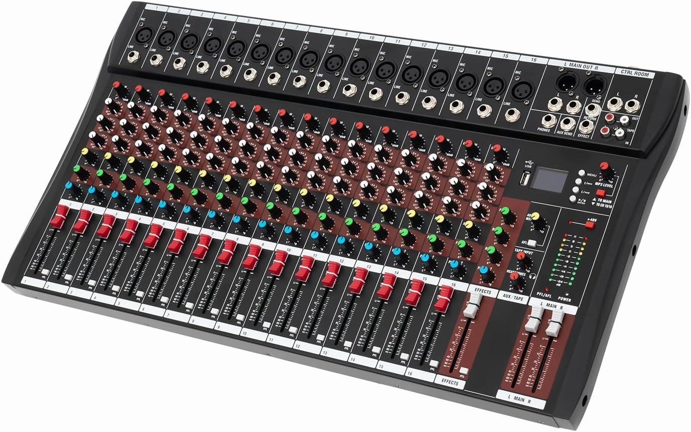 16 Channel Mixer Board Digital Mixing Console with 6 Music Modes, USB Mixer Console Ultra Low Noise Stage Powered Mixers Sound Board Console, Support to Conect with Wired/Wireless/Capacitor Microphone