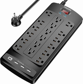 18 Outlets Surge Protector Power Strip - 6 Feet Flat Plug Heavy Duty Extension Cord with 18 Widely Outlets and 4 USB Ports, 2100 Joules, Black, ETL Listed power cord,hi-fi power cable,AC power lead,