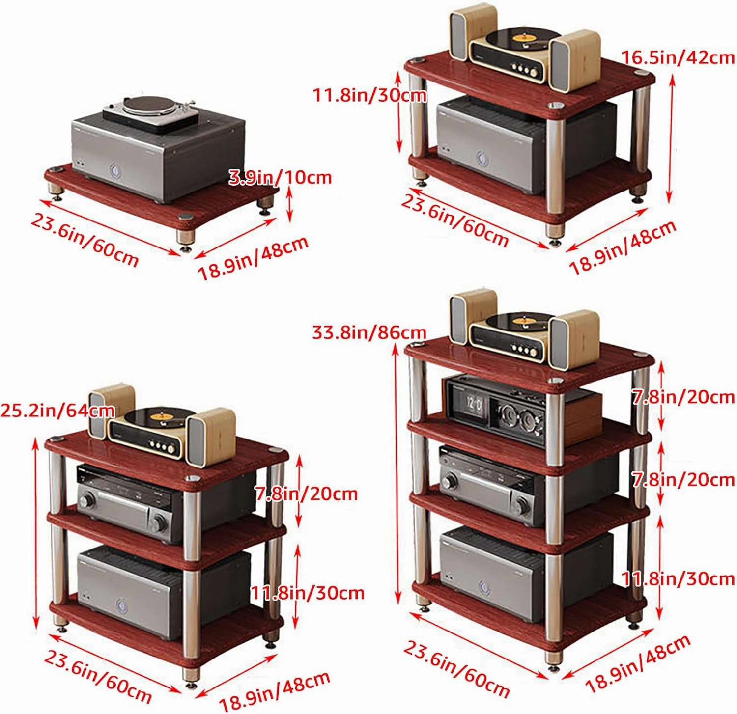 1/2/3/4 Tier Stereo Rack AV Media Stand with Shelves, Audio Rack Tower CD Record Player Stereo Receiver AV Equipment Cabinet Display Stand Media Audio Tower Cabinet,Wood,2 Tier