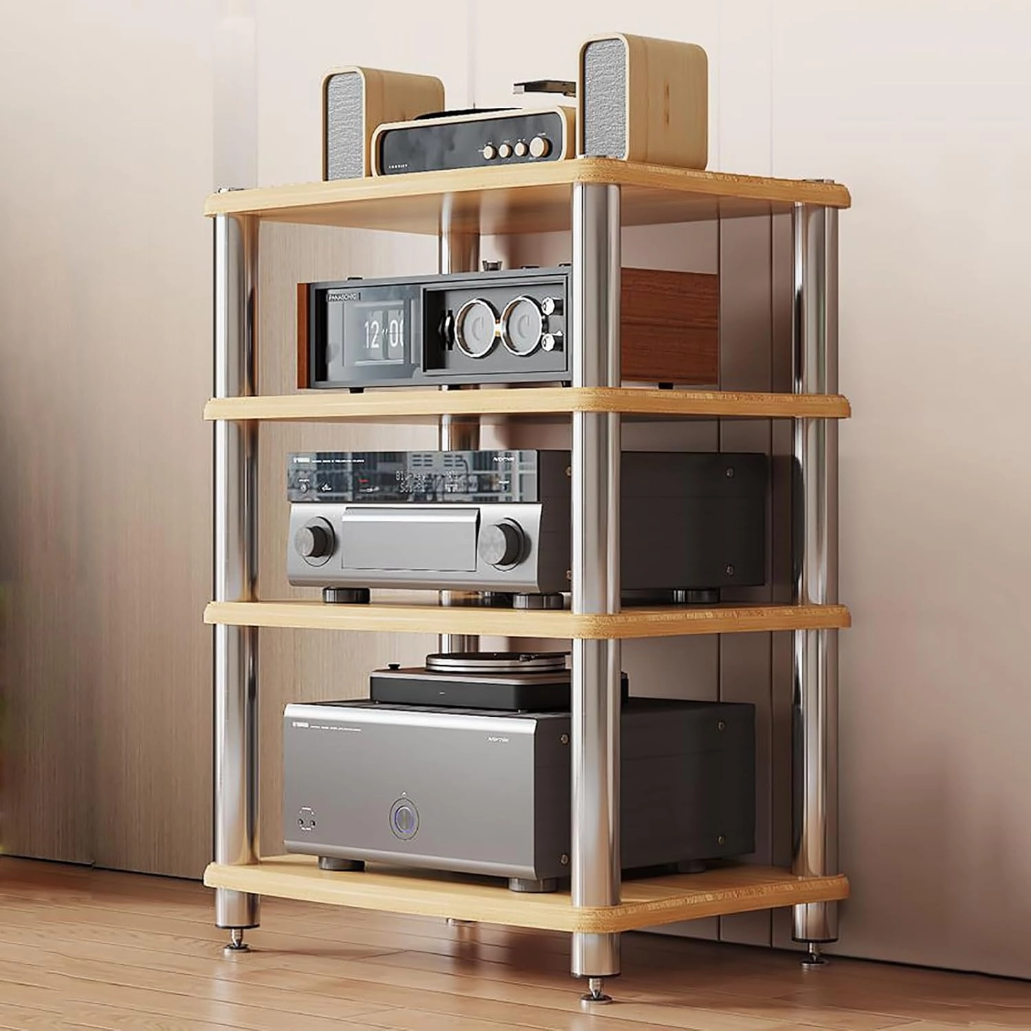 1/2/3/4 Tier Stereo Rack AV Media Stand with Shelves, Audio Rack Tower CD Record Player Stereo Receiver AV Equipment Cabinet Display Stand Media Audio Tower Cabinet,Wood,2 Tier