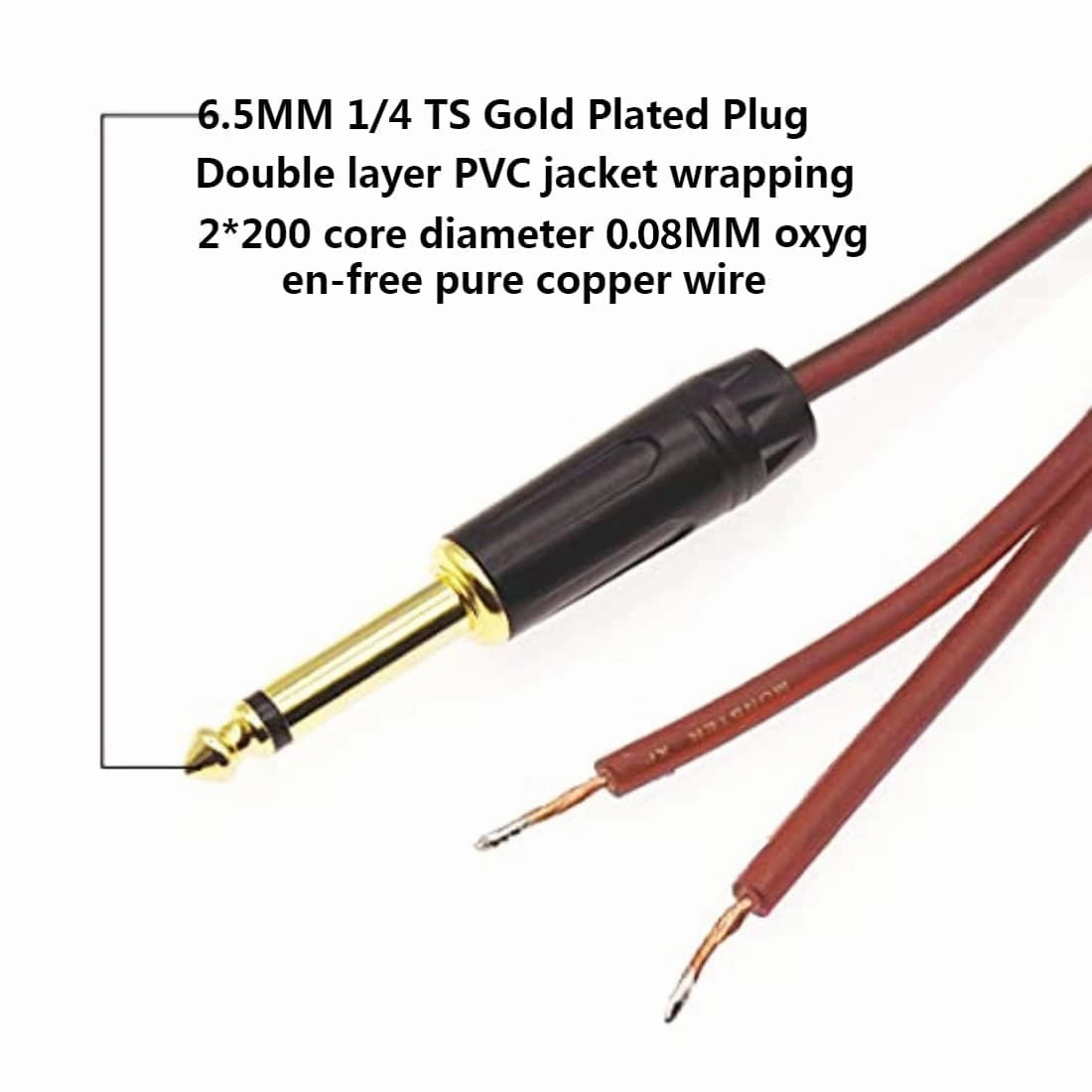 1/4" TS Mono Plug to Bare Wire Speaker Cable - 6.35mm Male Adapter Replacement Open End for Guitar, Mic & DJ Gear | Hi-Fi Audio (6.4FT 2PCS)