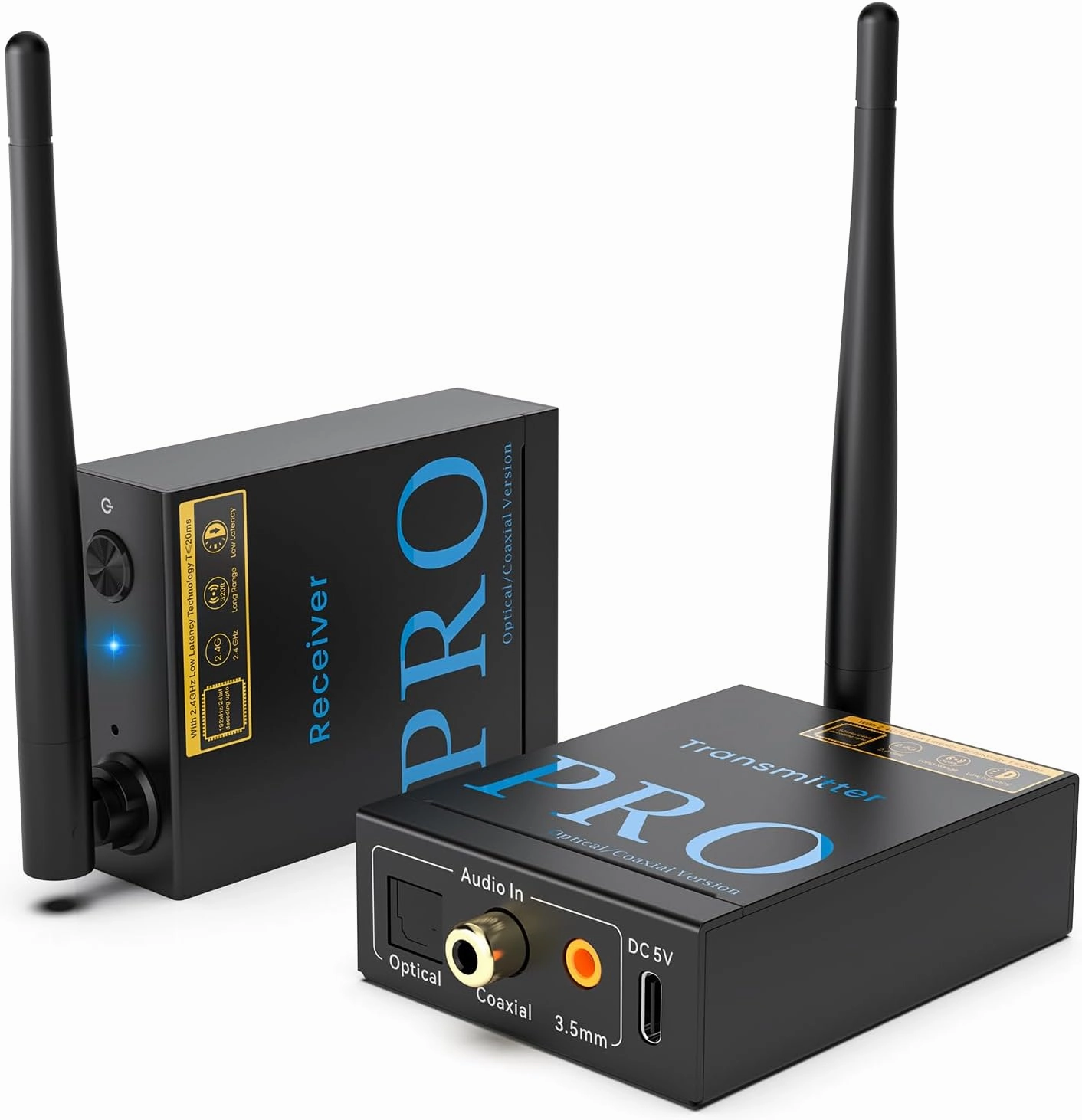 1Mii 2.4GHz Wireless Audio Transmitter and Receiver, HiFi Audio, 20ms Low Latency, 320ft Long Range Wireless Subwoofer Kit for Speaker/Stereo/Soundbar,Optical/Coaxial/3.5mm(RCA) Ports. wireless audio bridge,Bluetooth transmitter,WiFi audio link,