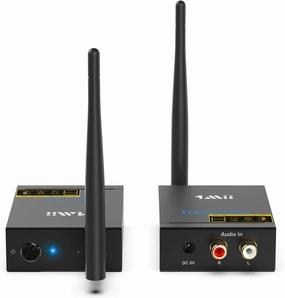 1Mii 2.4Ghz Wireless Audio Transmitter Receiver for TV, 320ft Long Range 20ms Low Delay HiFi Audio, Wireless Adapter Kit for Subwoofer/Powered Speaker/Stereo/Soundbar, RCA(3.5mm AUX) Out/Input wireless audio bridge,Bluetooth transmitter,WiFi audio link,