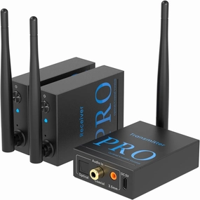 1Mii 3-in-1 2.4Ghz Wireless Audio Transmitter Receiver for 2 Subwoofer/Active Speaker/Power Amplifier, 20ms Low Latency, 320ft Range, Optical/Coaxial/3.5mm(RCA) Audio Input/Output wireless audio bridge,Bluetooth transmitter,WiFi audio link,