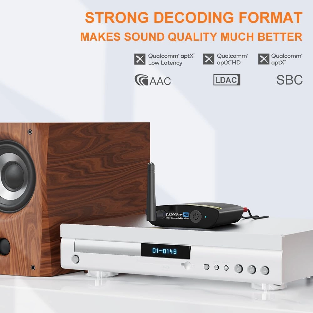 1Mii HiFi Bluetooth 5.3 Music Receiver for Home Stereo with LDAC, Bluetooth Audio Adapter with Audiophile DAC aptX HD, RCA Optical Output for AV Receiver or Stereo Amplifier - DS200Pro