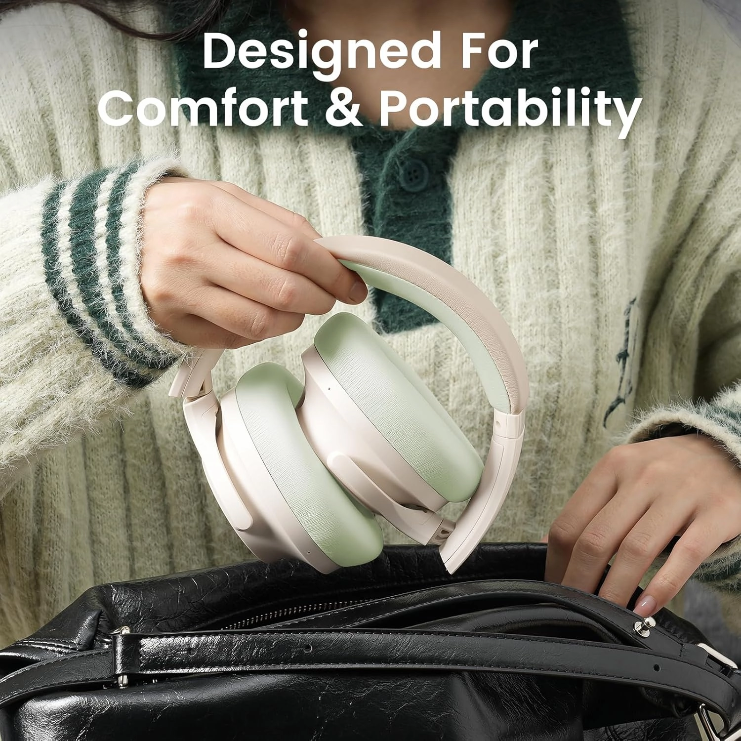 1Mii Y8  Noise Cancelling Headphones Bluetooth, Wireless LDAC Hi-Res Audio, Custom EQ via App, 75H Playtime, Comfort Fit, Over Ear Headphones Foldable for Airplane Travel Home Office Beige Green