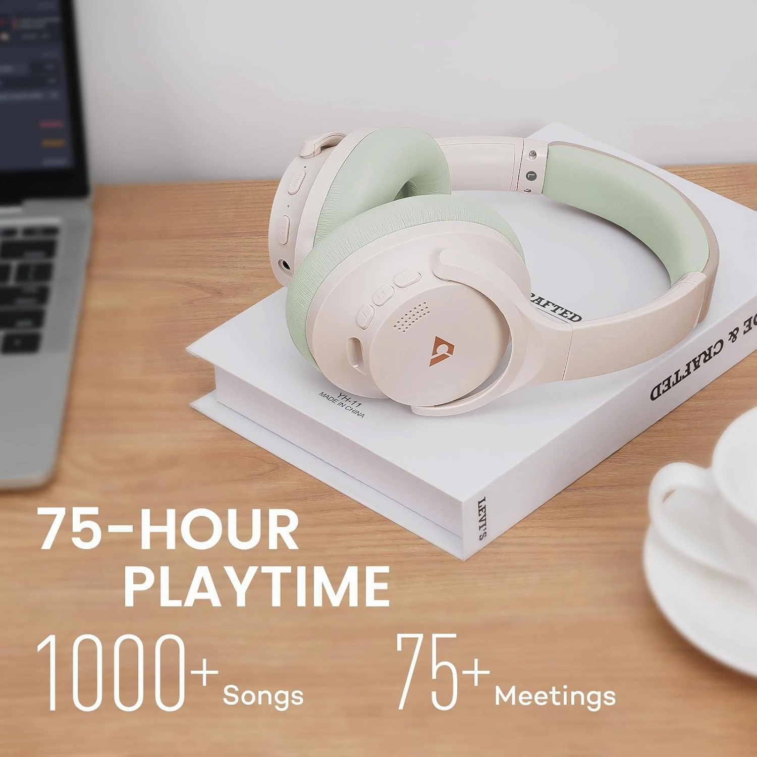 1Mii Y8  Noise Cancelling Headphones Bluetooth, Wireless LDAC Hi-Res Audio, Custom EQ via App, 75H Playtime, Comfort Fit, Over Ear Headphones Foldable for Airplane Travel Home Office Beige Green