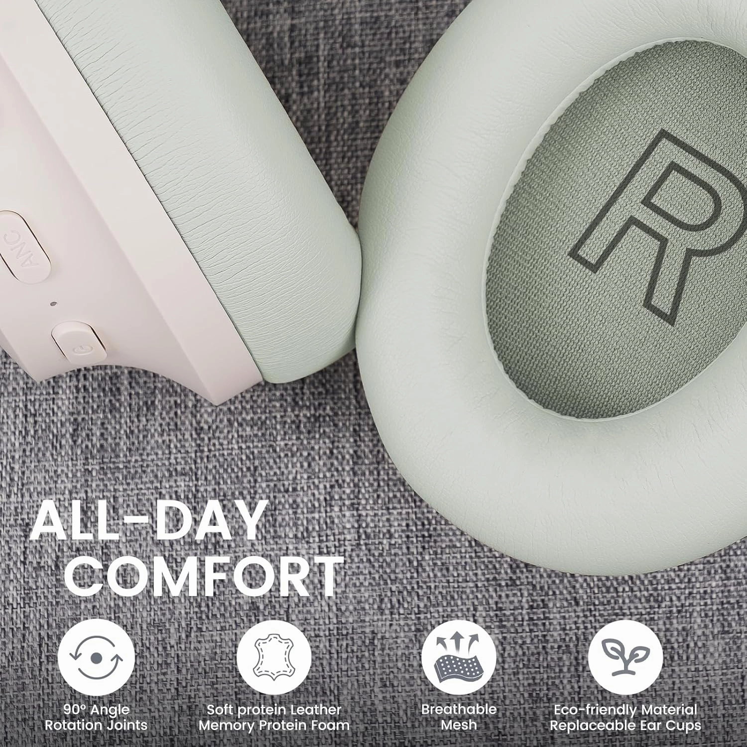 1Mii Y8  Noise Cancelling Headphones Bluetooth, Wireless LDAC Hi-Res Audio, Custom EQ via App, 75H Playtime, Comfort Fit, Over Ear Headphones Foldable for Airplane Travel Home Office Beige Green