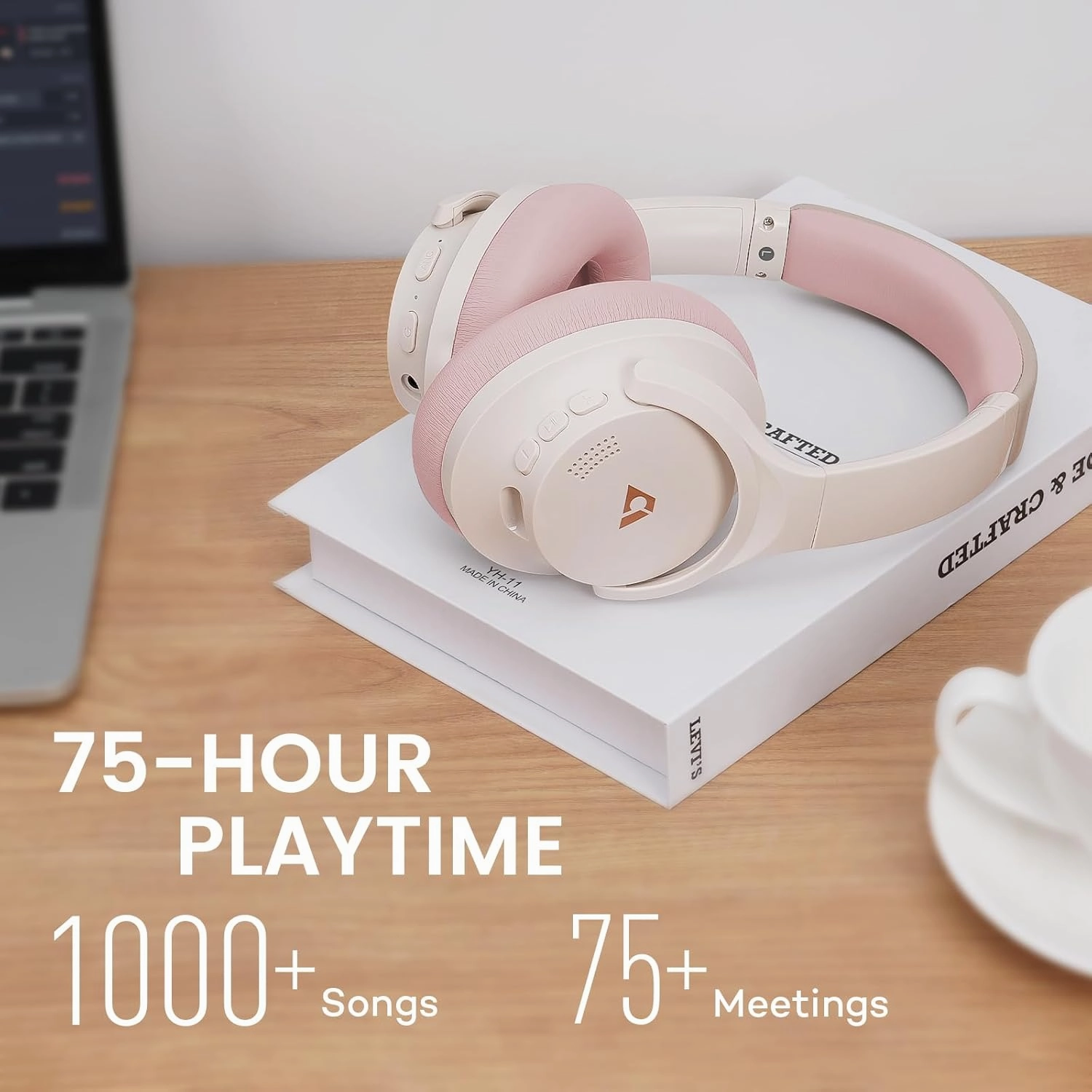 1Mii Y8  Noise Cancelling Headphones Bluetooth, Wireless LDAC Hi-Res Audio, Custom EQ via App, 75H Playtime, Comfort Fit, Over Ear Headphones Foldable for Airplane Travel Home Office Beige Pink
