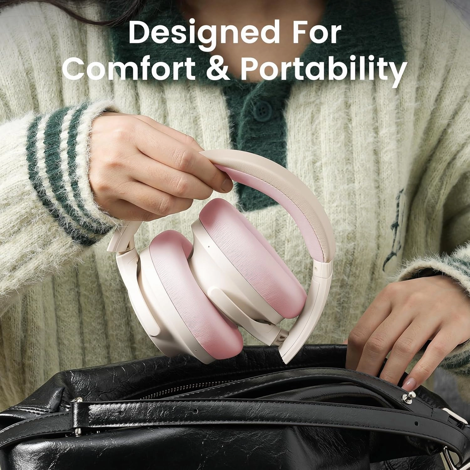 1Mii Y8  Noise Cancelling Headphones Bluetooth, Wireless LDAC Hi-Res Audio, Custom EQ via App, 75H Playtime, Comfort Fit, Over Ear Headphones Foldable for Airplane Travel Home Office Beige Pink
