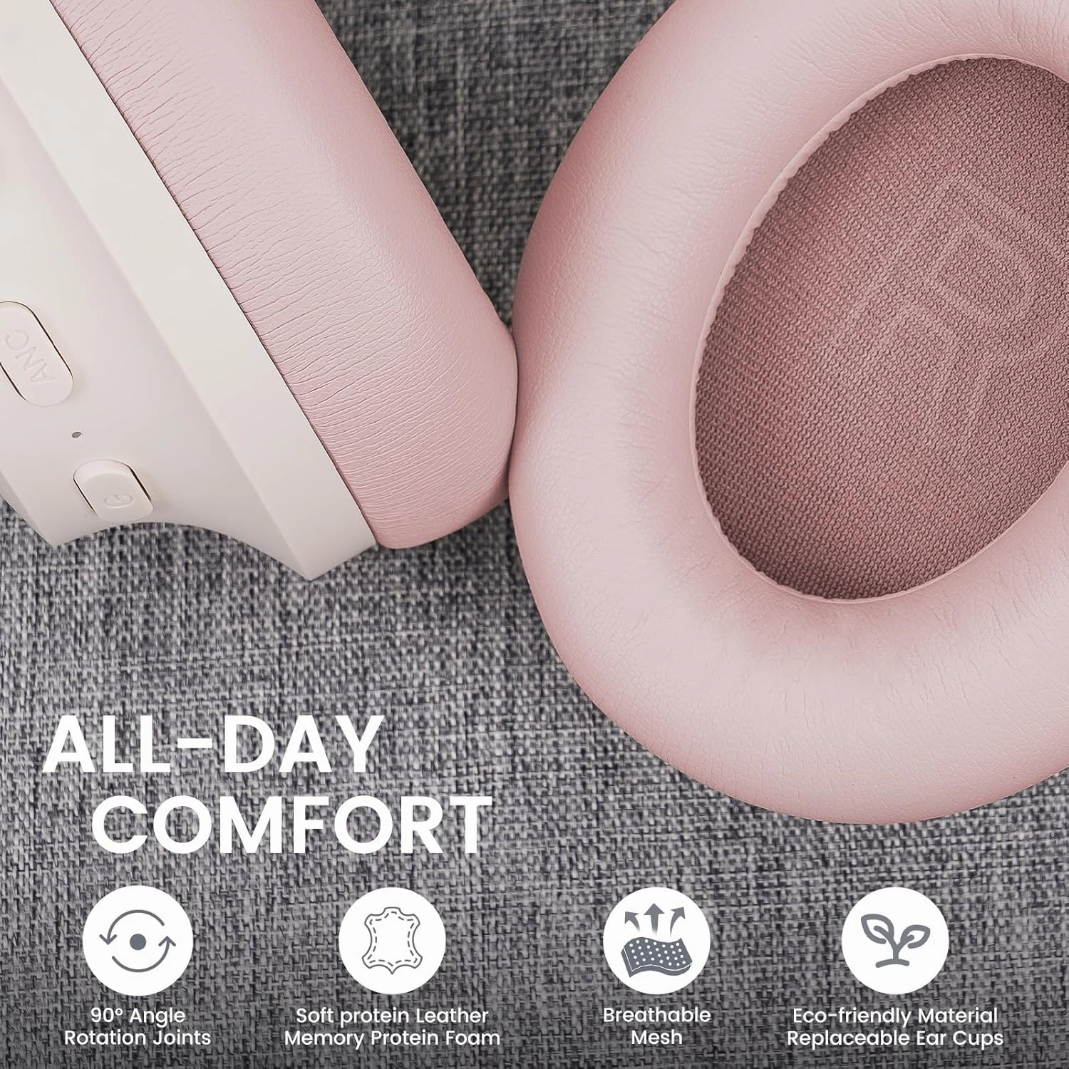 1Mii Y8  Noise Cancelling Headphones Bluetooth, Wireless LDAC Hi-Res Audio, Custom EQ via App, 75H Playtime, Comfort Fit, Over Ear Headphones Foldable for Airplane Travel Home Office Beige Pink