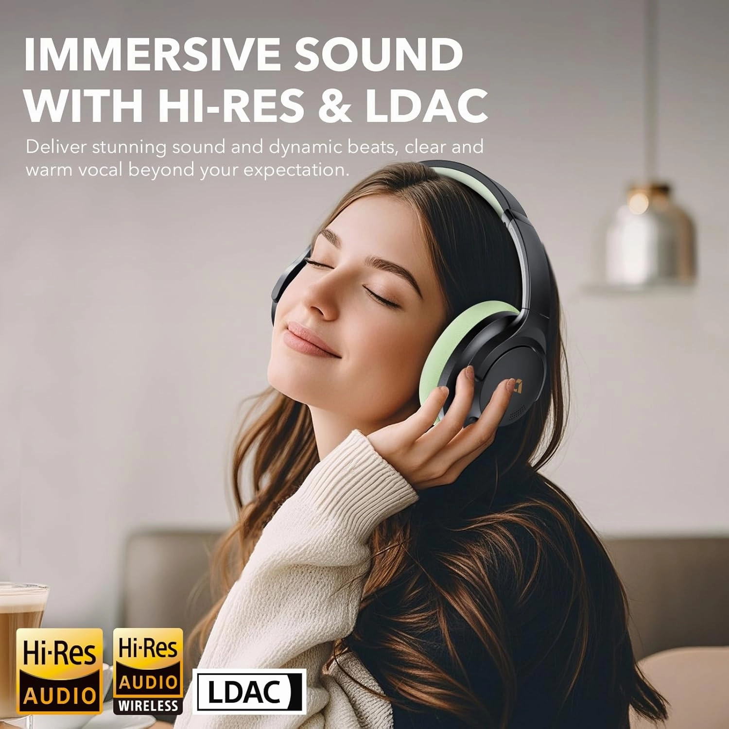 1Mii Y8  Noise Cancelling Headphones Bluetooth, Wireless LDAC Hi-Res Audio, Custom EQ via App, 75H Playtime, Comfort Fit, Over Ear Headphones Foldable for Airplane Travel Home Office Black Green