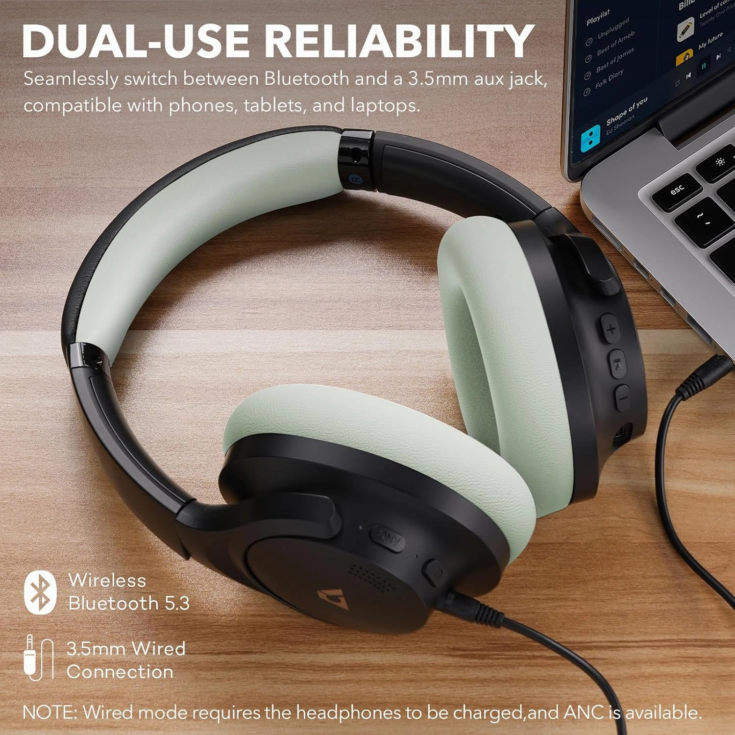 1Mii Y8  Noise Cancelling Headphones Bluetooth, Wireless LDAC Hi-Res Audio, Custom EQ via App, 75H Playtime, Comfort Fit, Over Ear Headphones Foldable for Airplane Travel Home Office Black Green