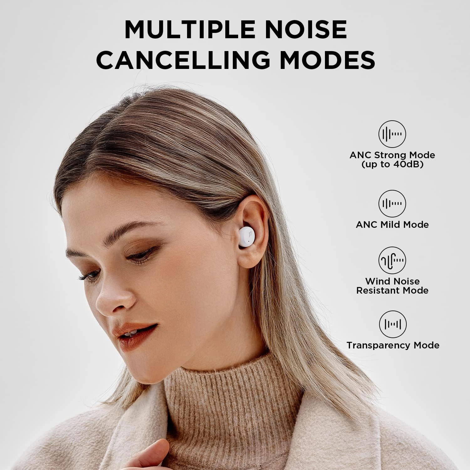 1MORE Active Noise Cancelling Earbuds - ComfoBuds Mini Wireless in Ear Headphones, Stereo Sound, Bluetooth Earbuds Wireless, Clear Calls, Wireless Charging, Soothing Sound, Waterproof, White