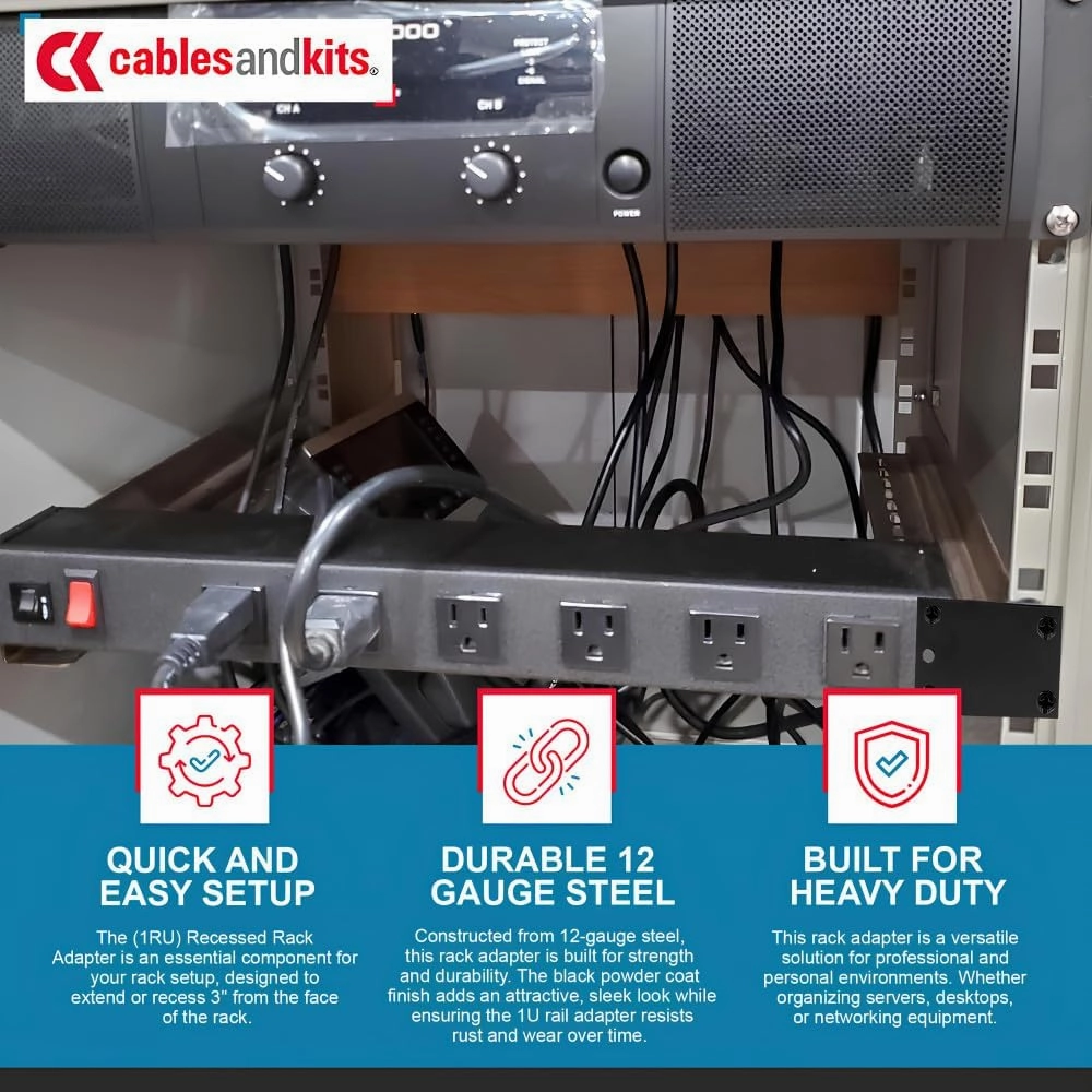 1RU Rack Adapter (1U), Included Rack Screws - Durable 12 AWG Steel Construction and Converts 23" Rack to 19" Spacing, Rack Mount Adapter for Computers, Servers or Network Equipment