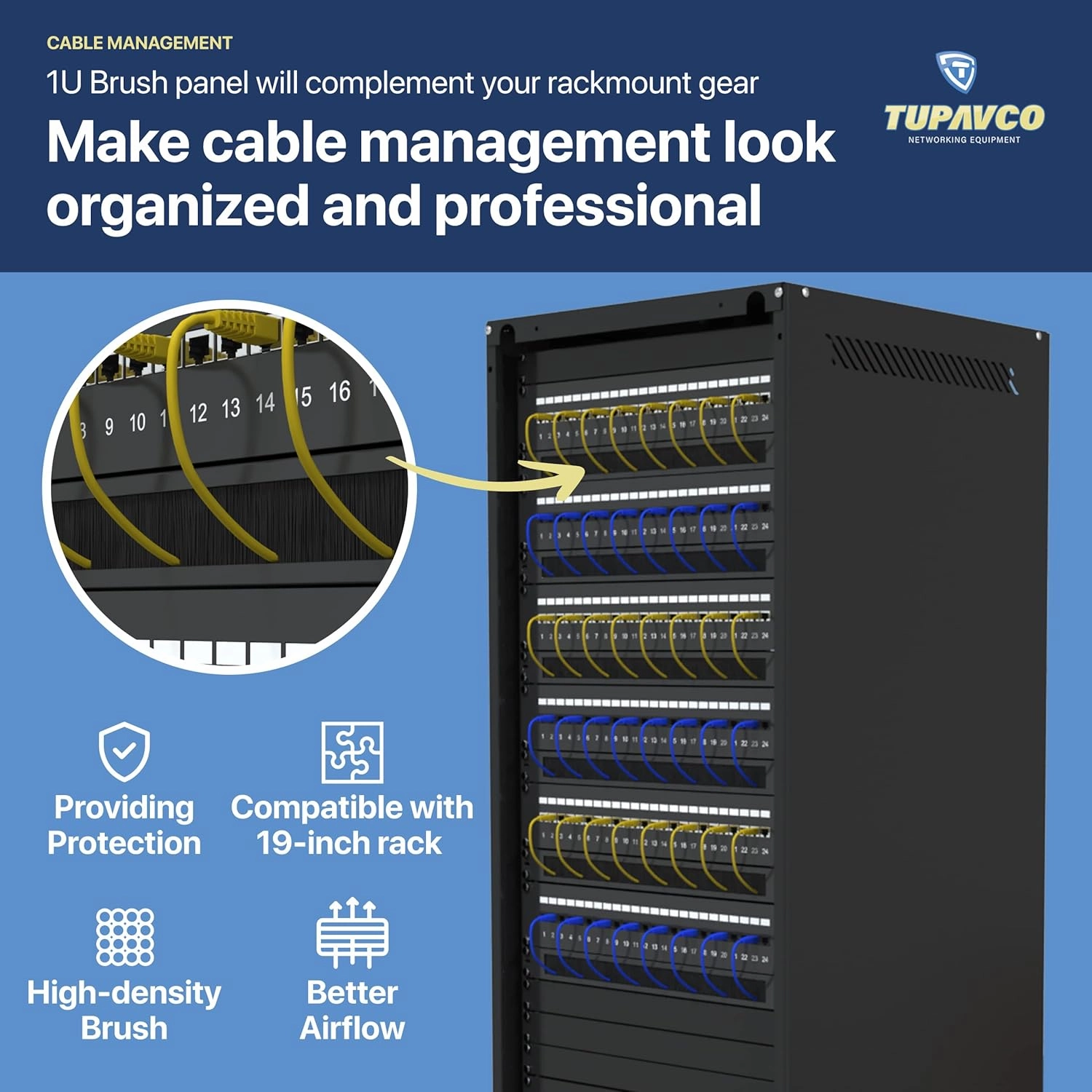 1U Brush Panel (5 Pack) 19 inch Rackmount Strip Cable Management Spacer for Network Server Rack Cabinet Enclosure - High Density Filler (Increased Airflow - Decreased Dust Accumulation) Tupavco TP1750