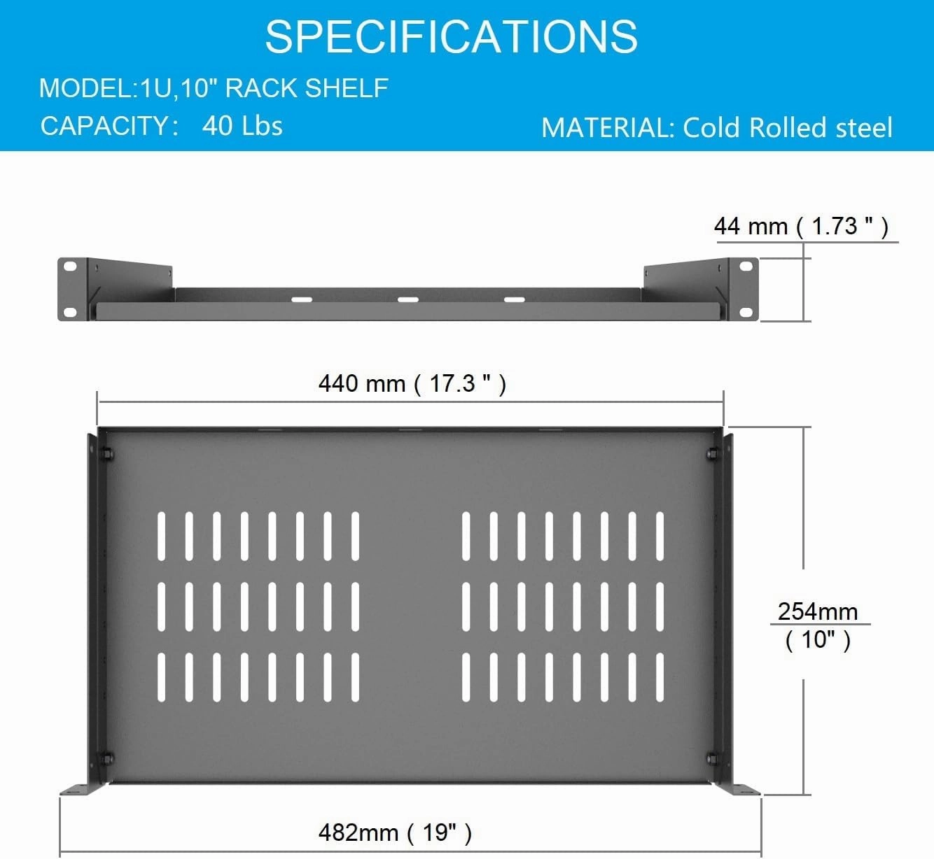1U Universal Server Rack Shelves - 10" Deep, Steel Vented Cantilever Rack Tray for 19" Equipment, Black (10 inch)