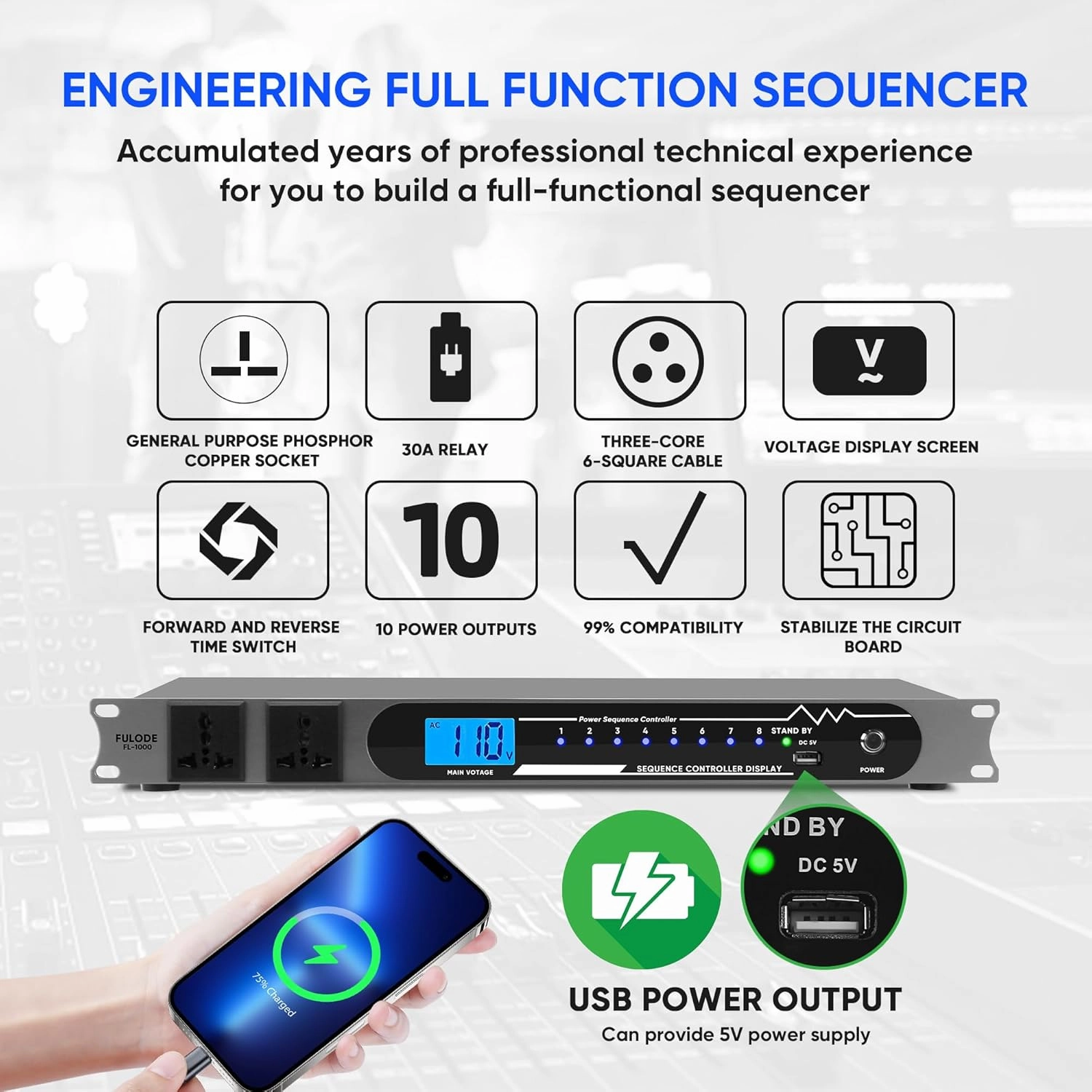 2000W 10 Socket Sequential Rack Professional Audio Power Conditioning Digital Voltmeter, USB, Surge Protector for Home Theater Stage/Studio (FL-1000).