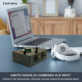2024 La Ponva Sleek and Compact USB Audio Interface with Dual Combo XLR/6.3mm Inputs with 48V Phantom Power, 24Bit 192KHz audio interface,USB interface,music recording input,