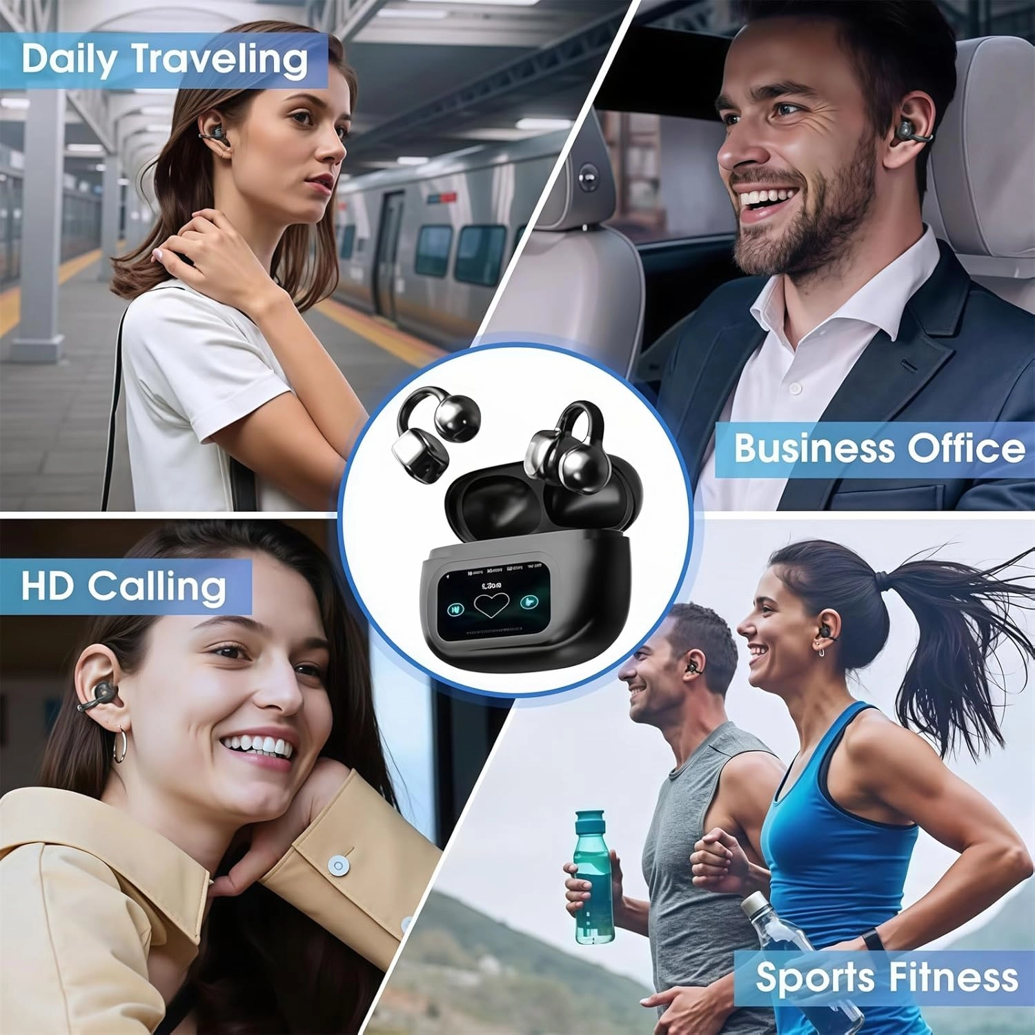 2025 New - Ear Clip Bluetooth Headphones with Touch Screen, M100 Clip On Ear Headphones with Visual Audio, C-Shaped Bridge Standalone Earphones (Black,AI Translation Model)