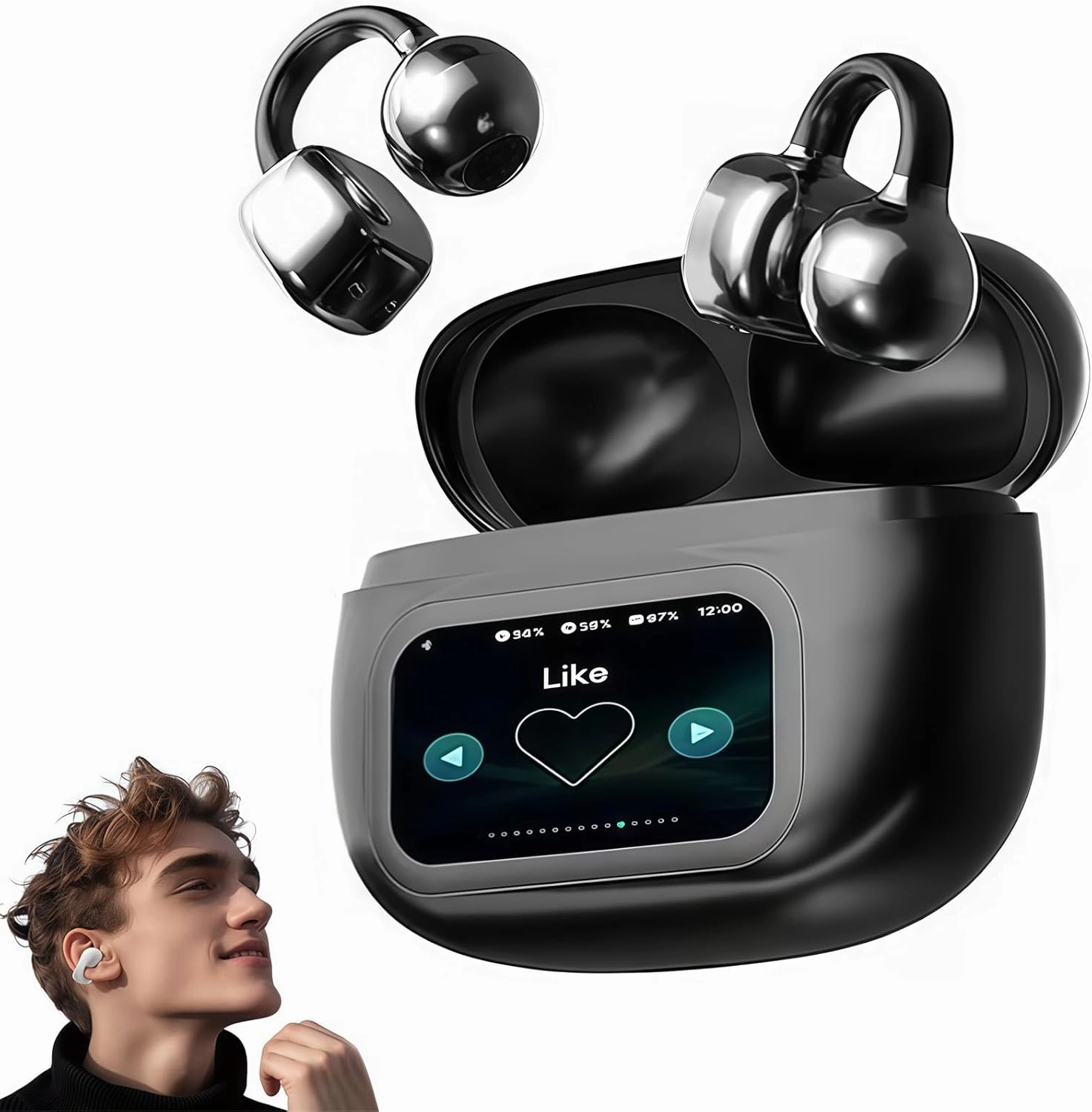 2025 New - Ear Clip Bluetooth Headphones with Touch Screen, M100 Clip On Ear Headphones with Visual Audio, C-Shaped Bridge Standalone Earphones (Black,AI Translation Model) wireless audio bridge,Bluetooth transmitter,WiFi audio link,