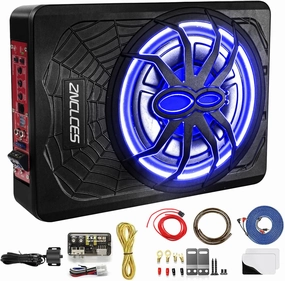 2025 Upgraded 10"1200W Slim Under Seat Powered Car Subwoofer, Car/Truck Sub Built in Amplifier for outstanding Heat Dissipation, Powerful bass and Blue LED Ambient Light enjoy Audio Experience audiophile subwoofer,active subwoofer,low frequency speake