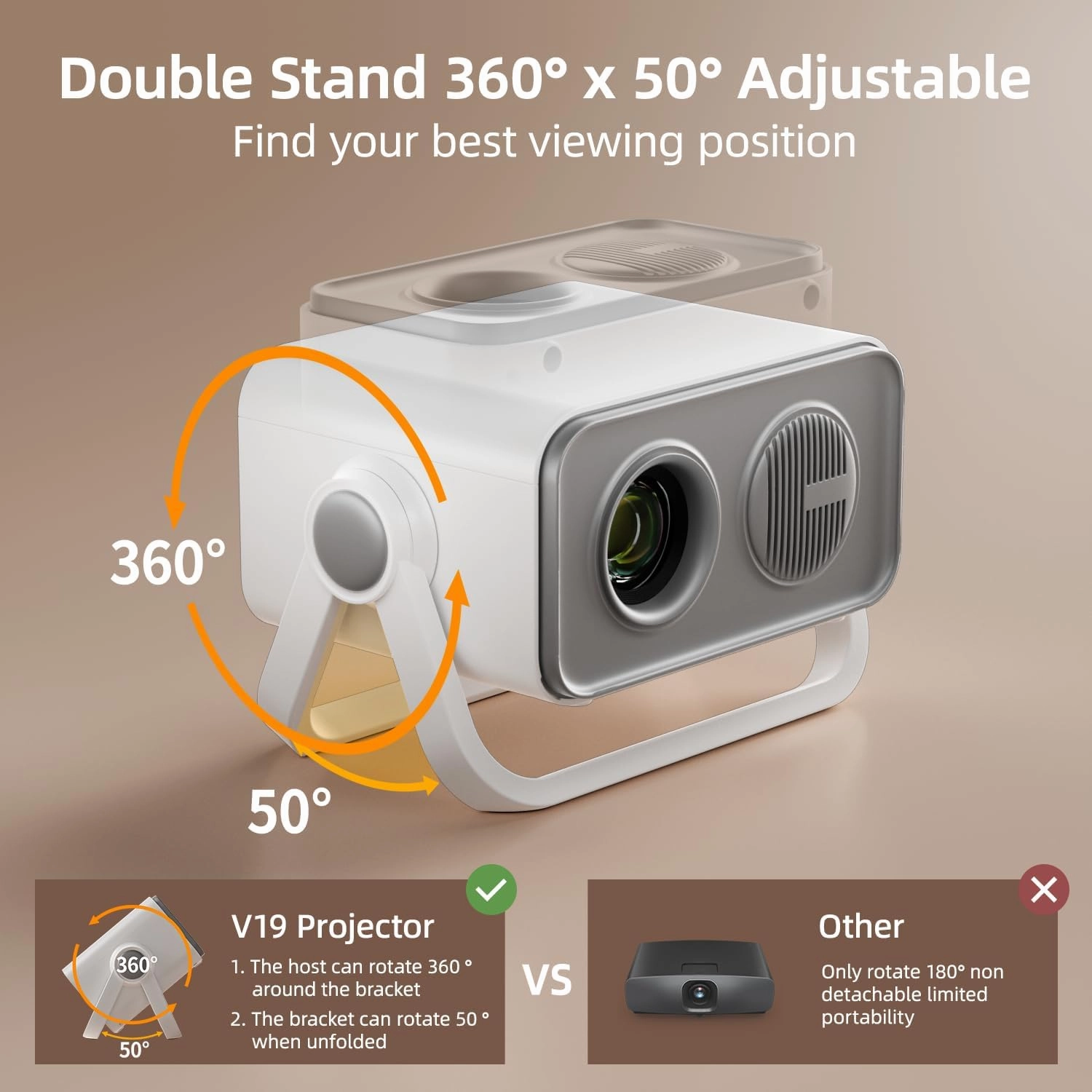 2025 upgraded 360Adjustable Dual Stand AI Auto Keystone Electric Focus Mini Portable Projector with Bluetooth 5.4, 1080P support Outdoor movie Projector compatible with HDMI/USB/Phone (Gray)