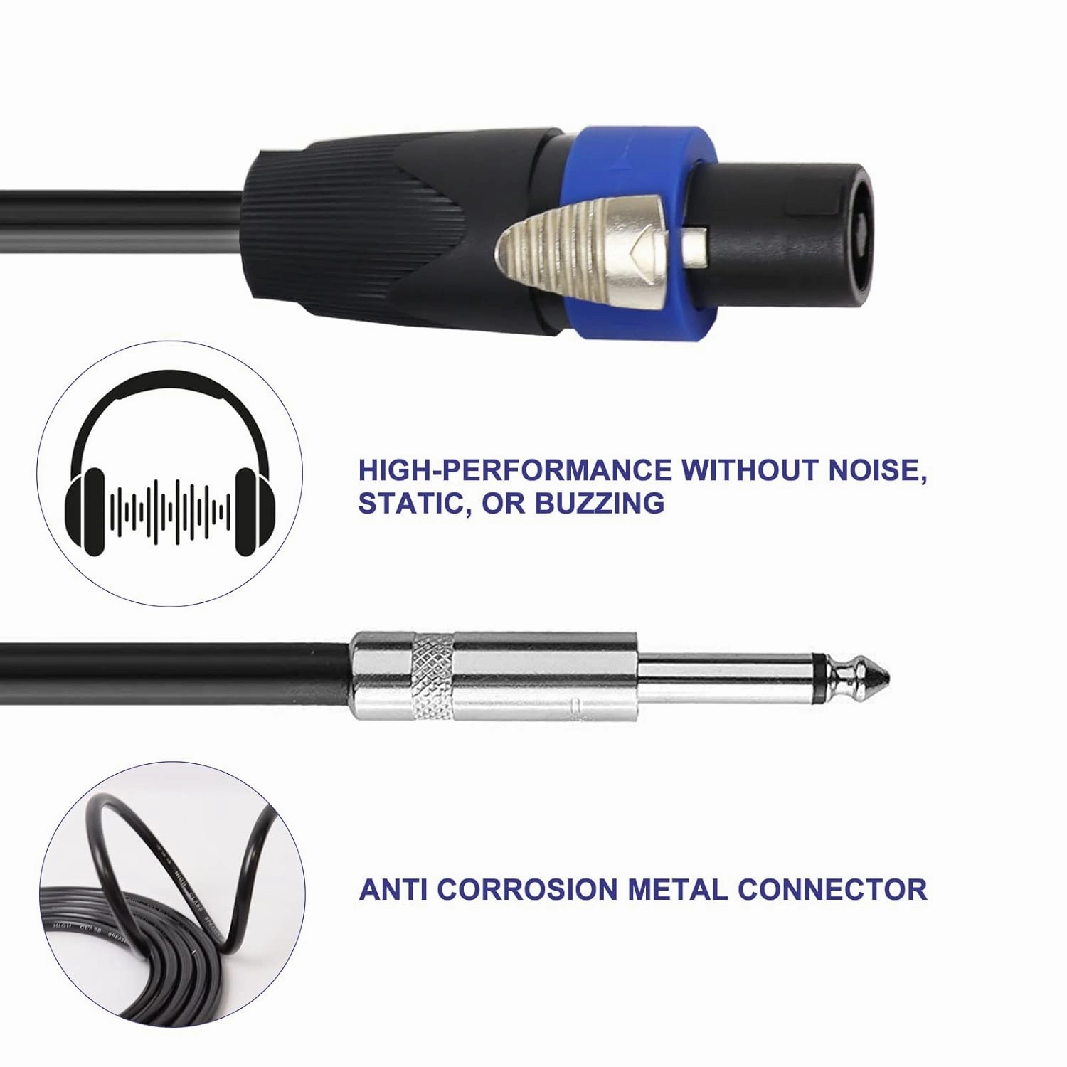 20 Feet Pack of 2 Speakon to 1/4" Cable - 20 Ft. Speak-On Male to 6.35mm TS Male Wire for Speaker, Loudspeaker, Mixer Console - 16 AWG Heavy Duty Shielded Core with Twist Lock