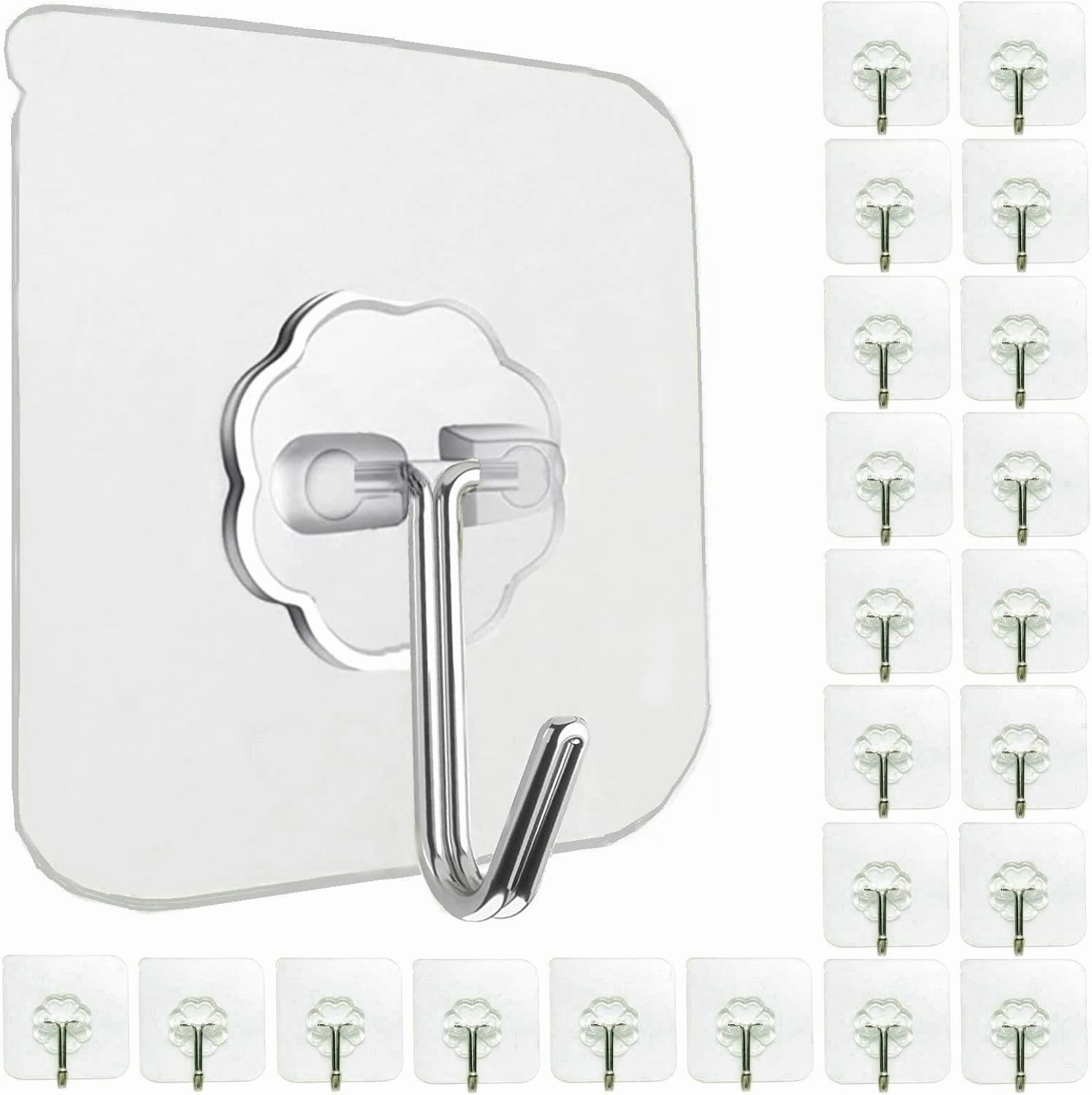 24 Pack Heavy Duty Self Adhesive Hooks - 33lb Max, Transparent, Waterproof, Sticky Wall Hooks for Keys, Bathroom, Shower, Outdoor, Kitchen, Door, Home Improvement, Utility speaker wall mount,audio bracket,AV wall mounting,