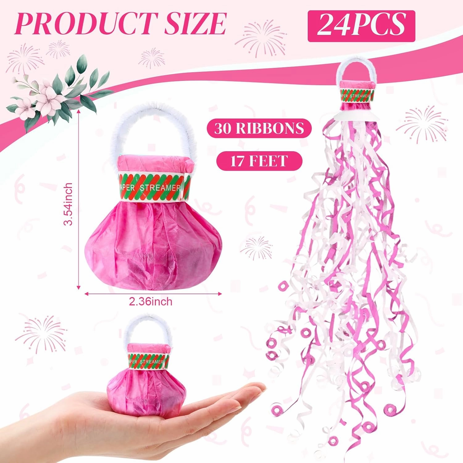 24 Pcs No Mess Streamers Hand Throw Streamers Streamer Poppers Paper Crackers Throw Streamers Romantic Confetti Streamers for Wedding,Birthday, Graduation, Celebrations, Party Favor(Pink)