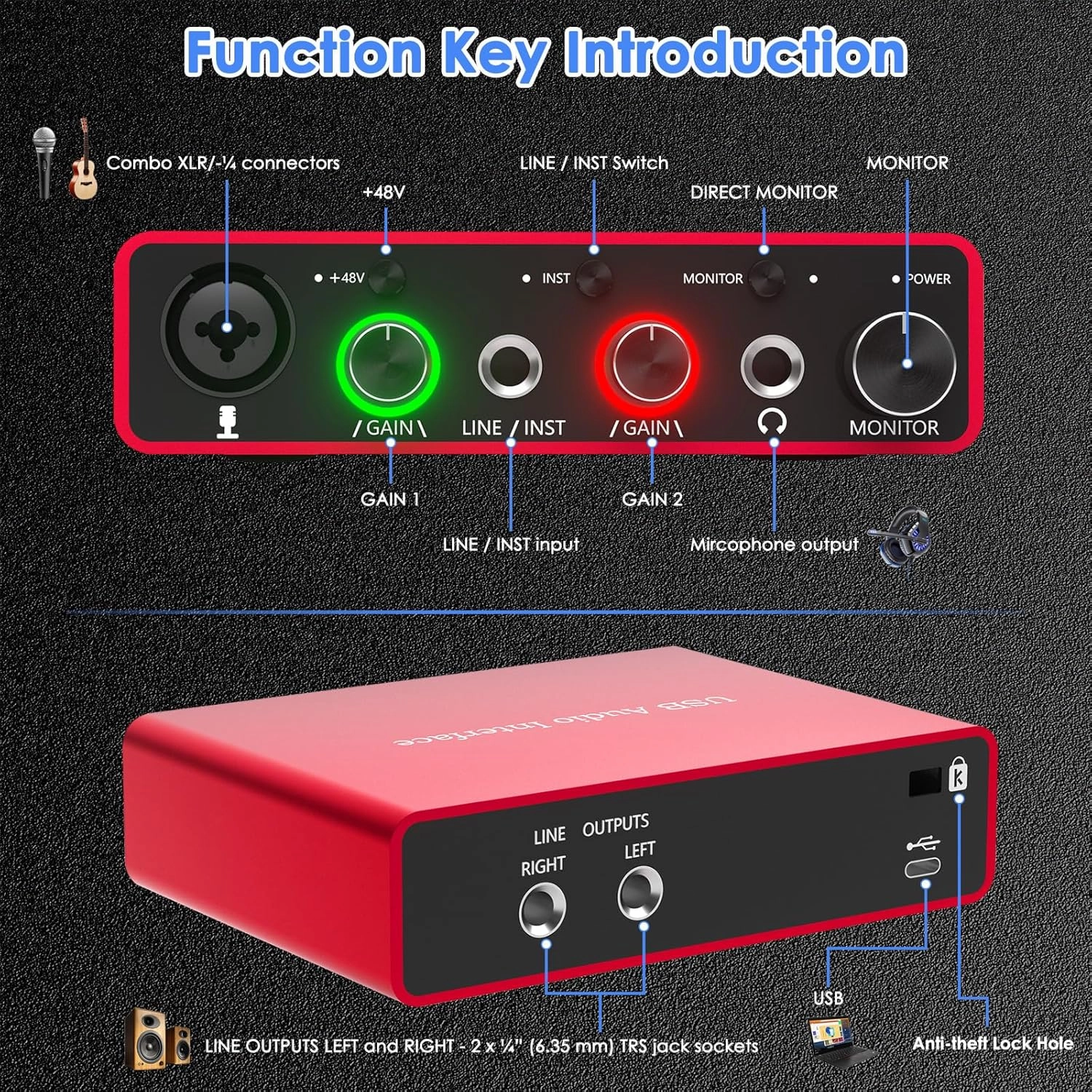 24Bit/192kHz USB Audio Interface with 48V Phantom Power - Studio Quality Recording for Musicians, Vocalists & Podcasters | Plug & Play | Works with Mac/PC & DAWs | Perfect for Home Studio & Streaming
