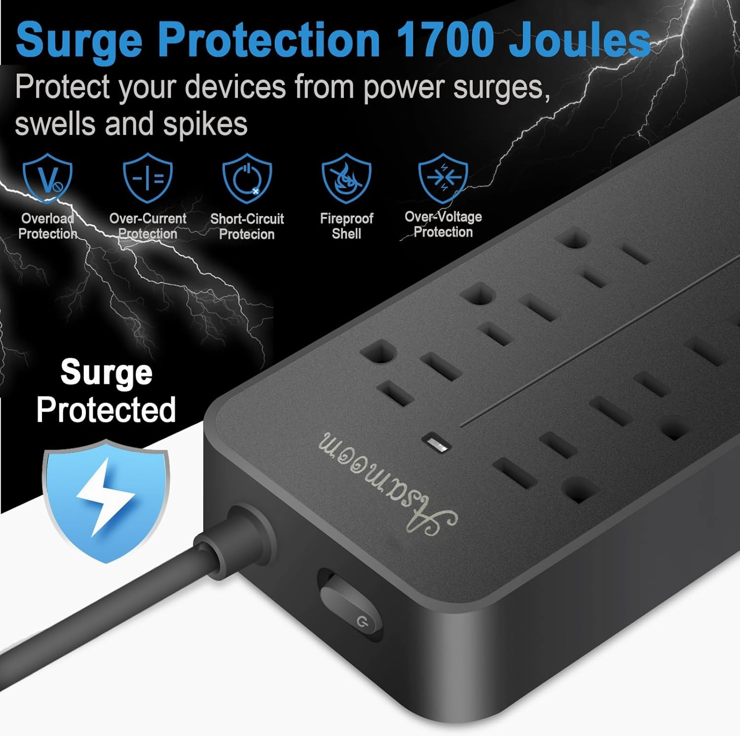 25FT Flat Plug Surge Protector - 8 Outlet & 3 USB Port (A & C) Power Strip Extension Cord, Wall Mountable Desk Power Strip for Home Office - Black