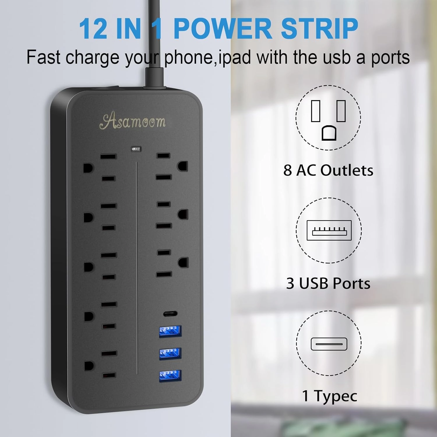 25FT Flat Plug Surge Protector - 8 Outlet & 3 USB Port (A & C) Power Strip Extension Cord, Wall Mountable Desk Power Strip for Home Office - Black