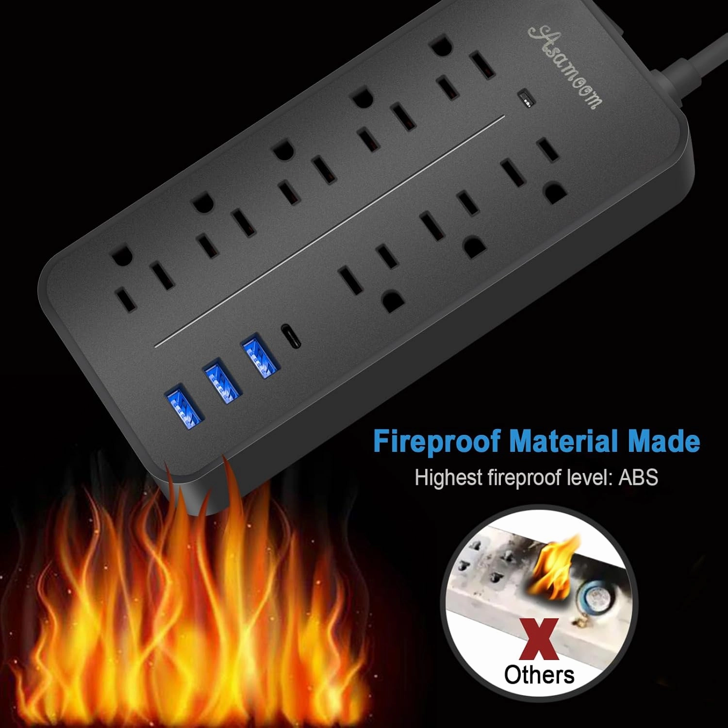 25FT Flat Plug Surge Protector - 8 Outlet & 3 USB Port (A & C) Power Strip Extension Cord, Wall Mountable Desk Power Strip for Home Office - Black