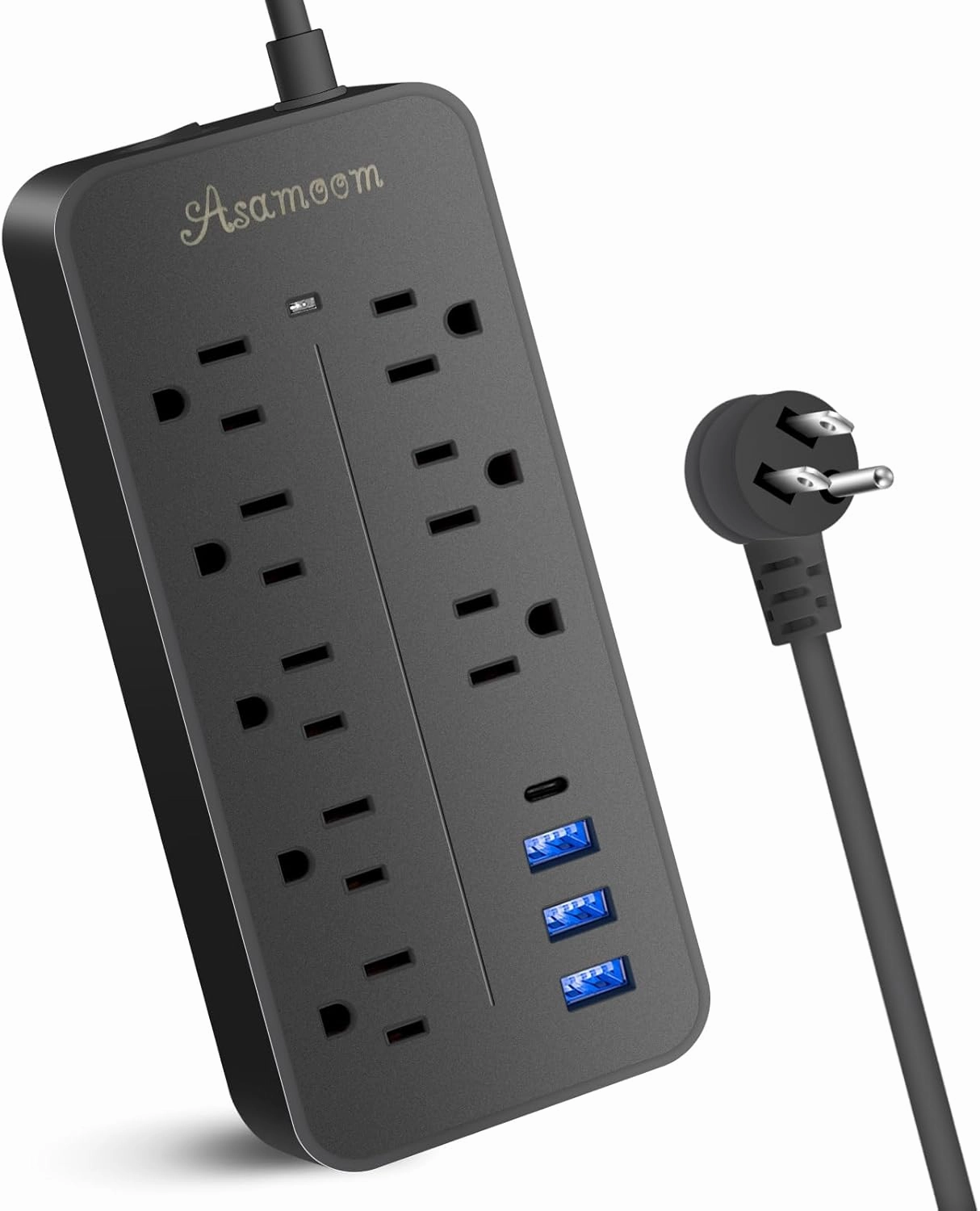 25FT Flat Plug Surge Protector - 8 Outlet & 3 USB Port (A & C) Power Strip Extension Cord, Wall Mountable Desk Power Strip for Home Office - Black