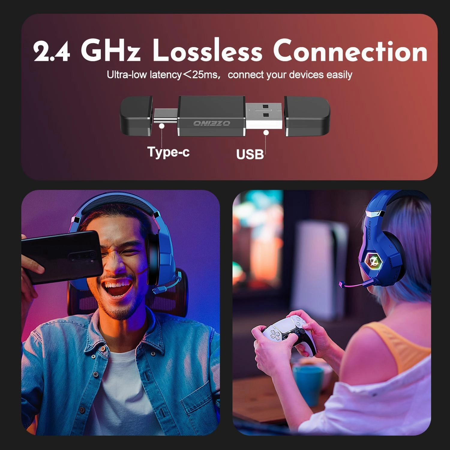 2.4GHz Wireless Gaming Headset for Ps5, Ps4, Switch, Bluetooth 5.3 Gaming Headphones with Noise Canceling Mic, Gamer Headset for PC, Laptop, Mobile, Mac, 35 Hr Battery, Blue