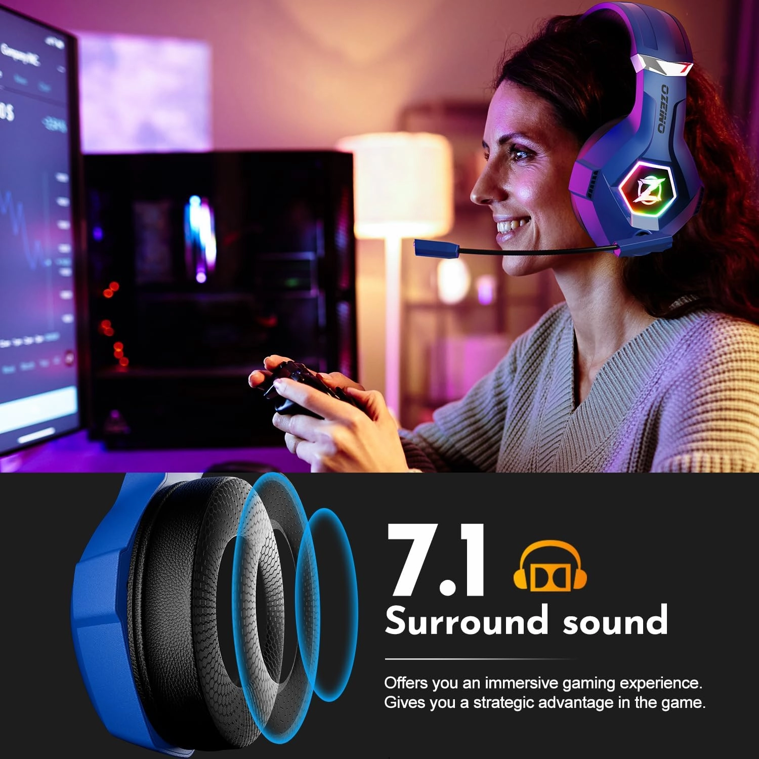 2.4GHz Wireless Gaming Headset for Ps5, Ps4, Switch, Bluetooth 5.3 Gaming Headphones with Noise Canceling Mic, Gamer Headset for PC, Laptop, Mobile, Mac, 35 Hr Battery, Blue