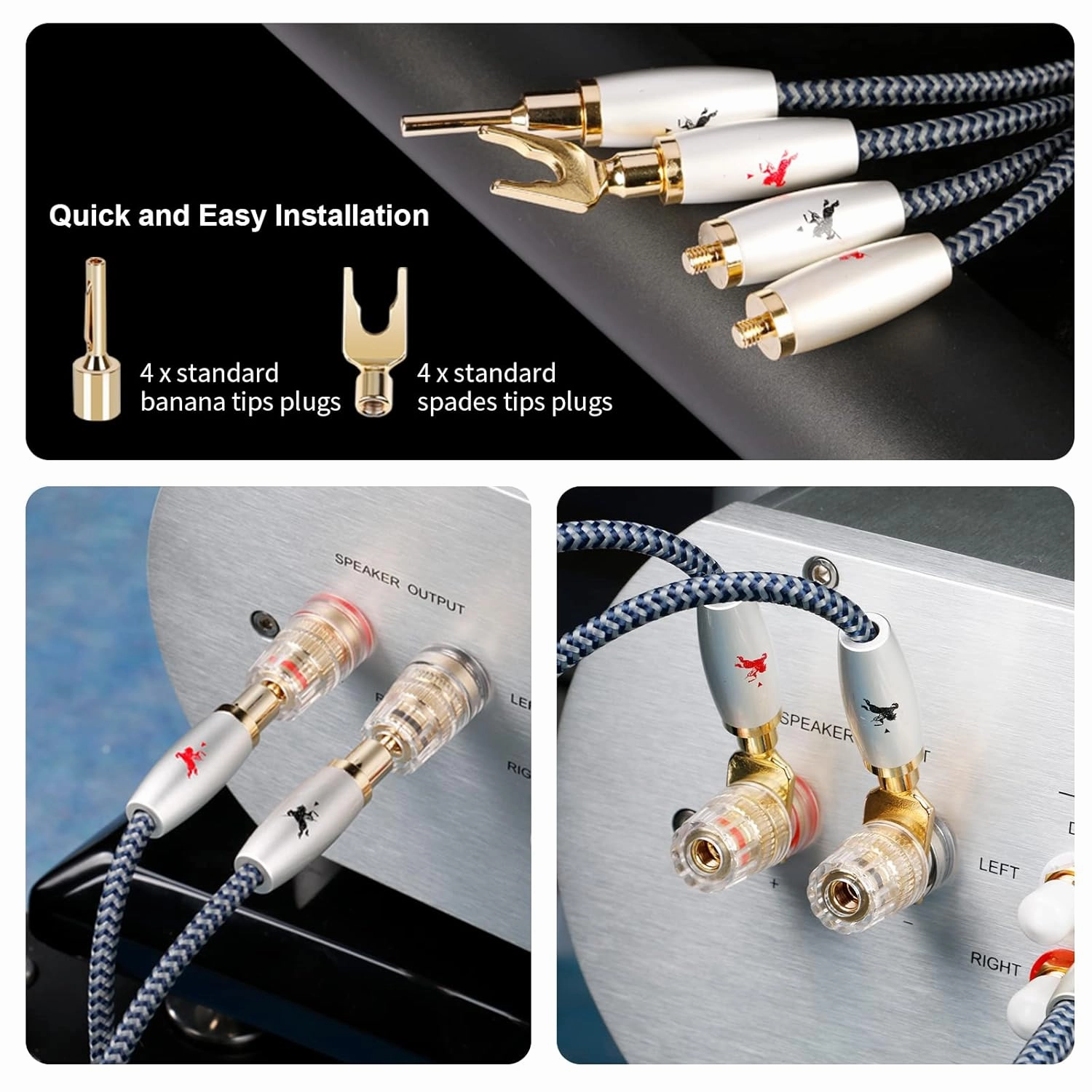 2 Audiophile High-end Speaker Cables 14AWG Cotton Net Braided Comes with Gold Plated Banana Plugs and Spade Connectors (4.92ft(2 Cables))