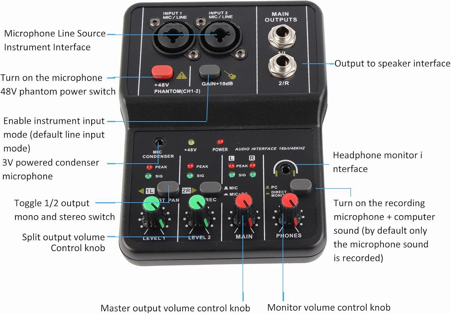 2 Channels Audio Mixer, Professional Sound Board USB 48V Power Small Sound Mixing Console DJ Mixing, for Music Recording Home Karaoke DJ Studio Streaming mixer console,audio mixing desk,DJ console,