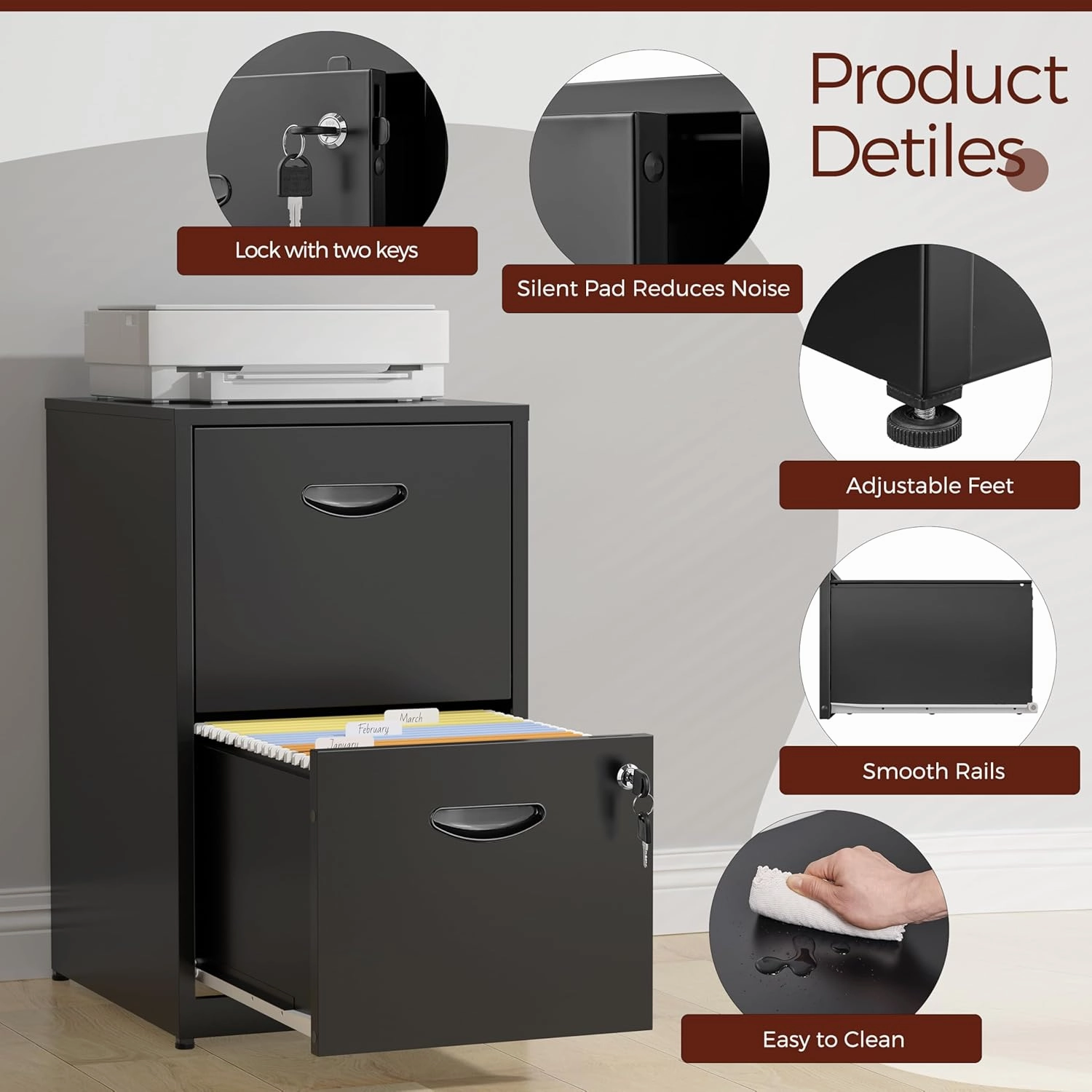 2 Drawer File Cabinet with Lock,Black Metal Filing Cabinets,Vertical Locking File Cabinet Fit Hanging Files, Letter,File Box and A4 Documents (Black)